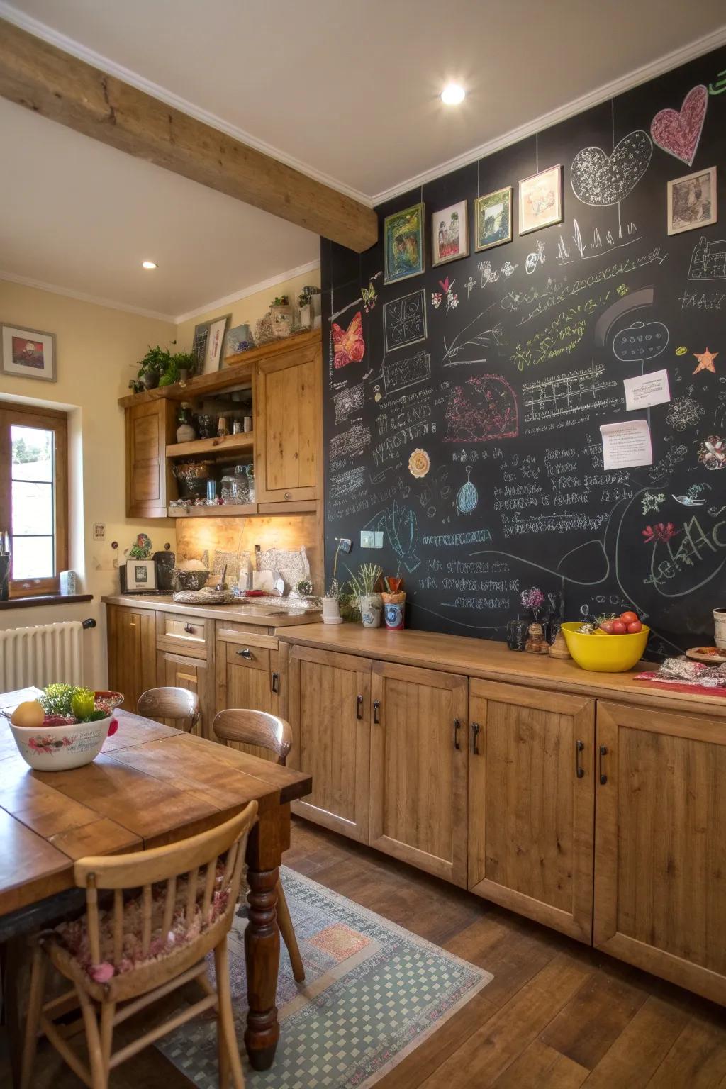 A chalkboard wall encourages creativity and interaction.