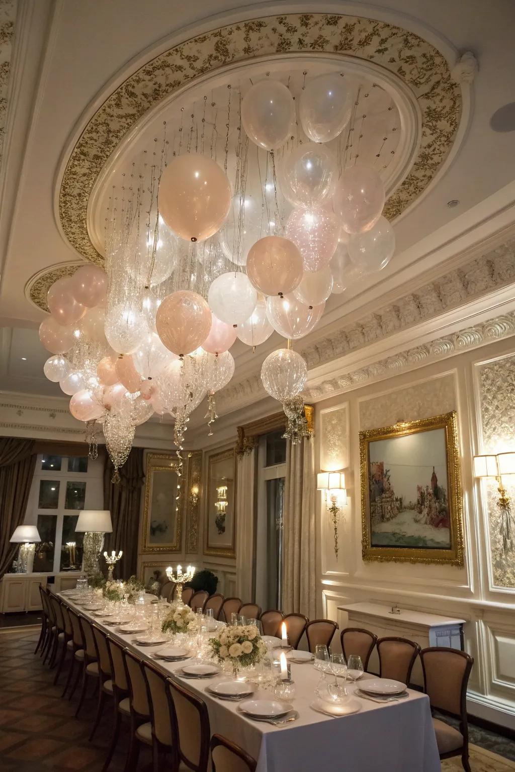 An elegant balloon chandelier that adds sophistication to a chic birthday dinner.