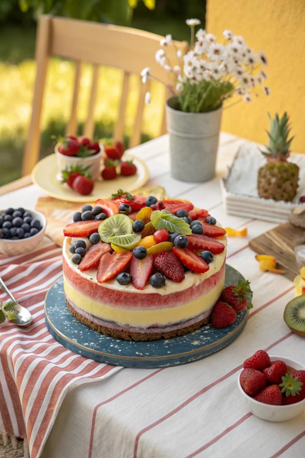 A cake adorned with fresh fruit slices, bringing a burst of natural color and flavor.