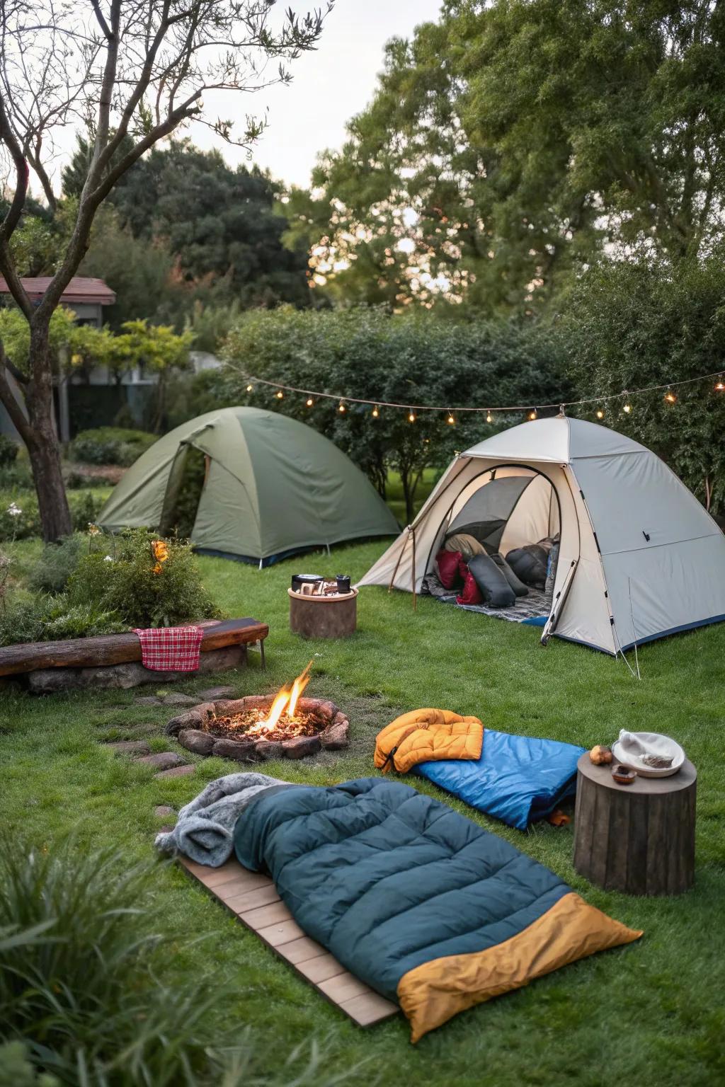 A backyard camping adventure with tents and a campfire.