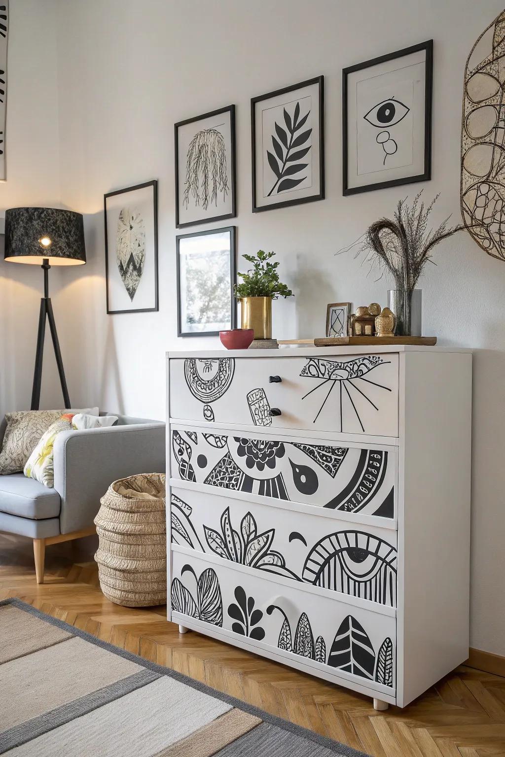 Graphic art decals turn a dresser into a modern gallery piece.