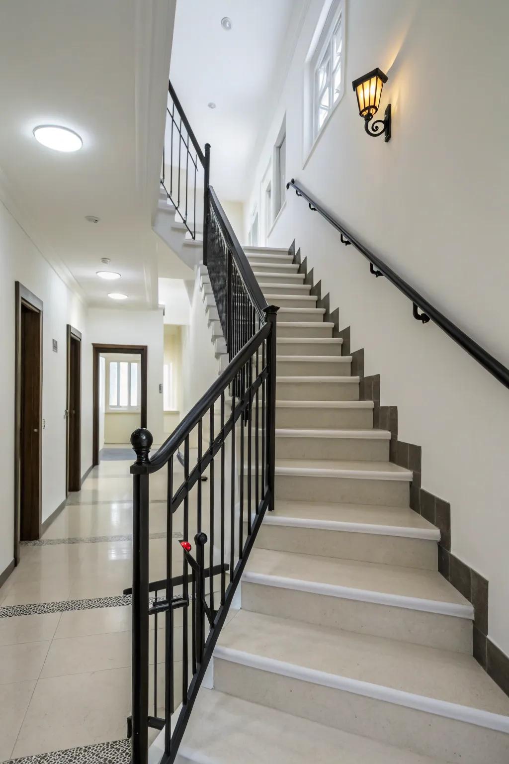 Black stair rails add a modern edge to this hallway.