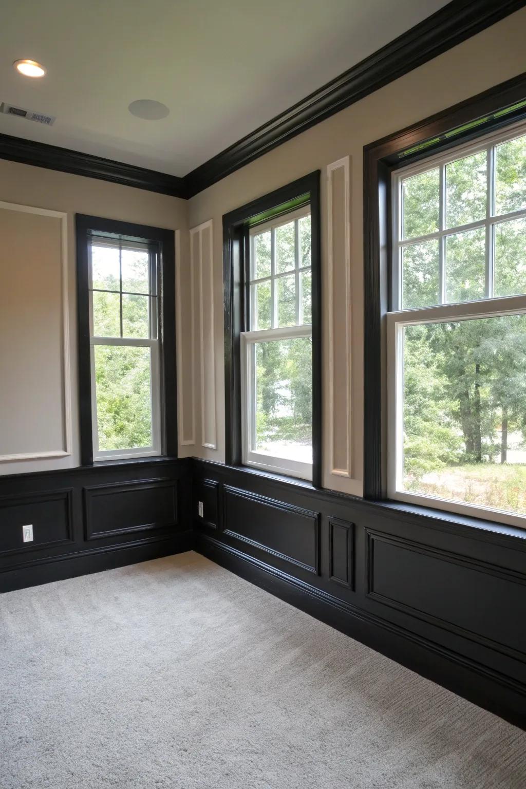 A room featuring striking black trim accentuating its architecture.