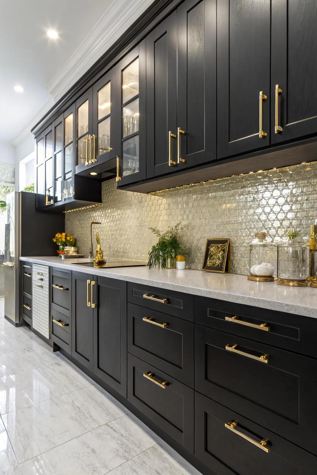 Metallic accents adding a touch of glam to a kitchen with black cabinetry.