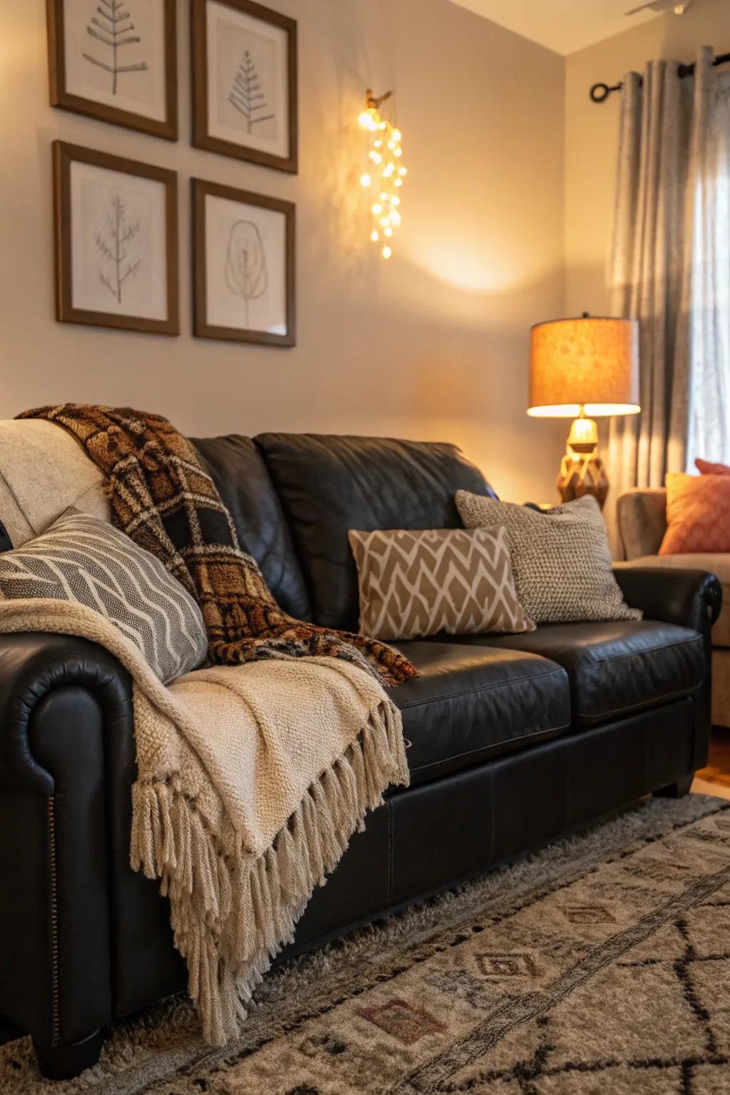 Cozy textiles make the black leather sofa feel inviting and warm.