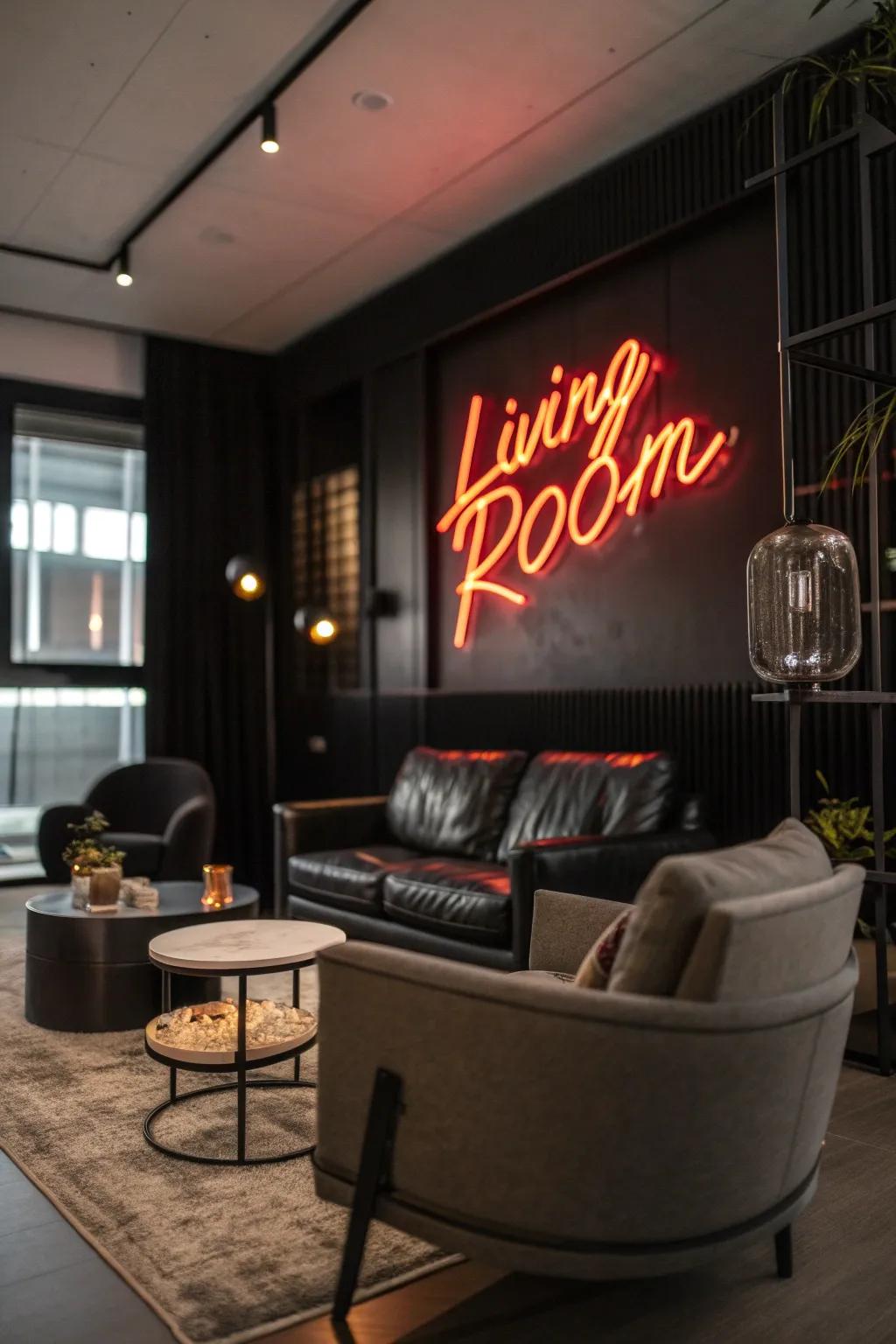 A black living room with a playful neon sign for added fun.