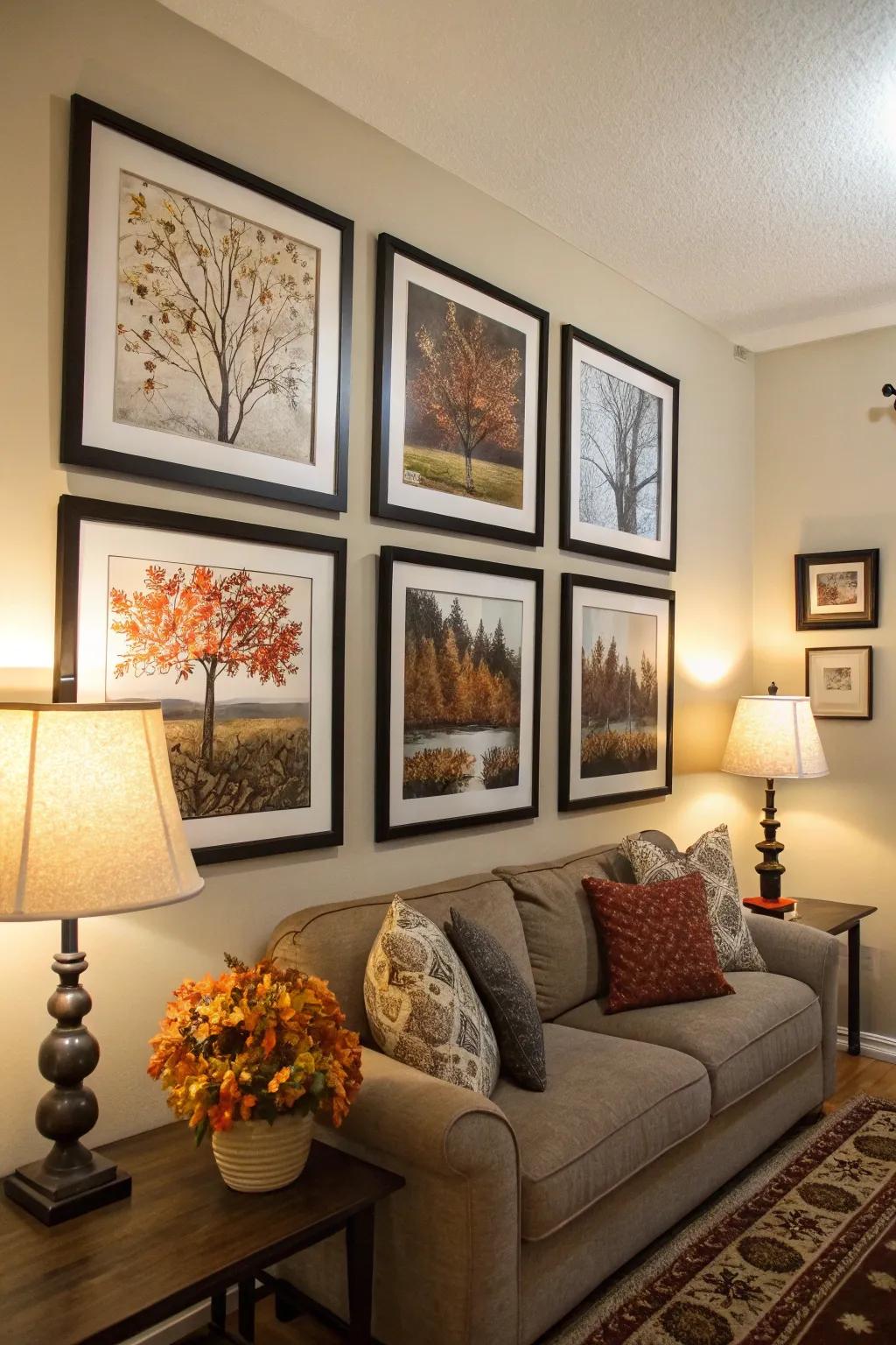 Seasonal decor with black frames featuring changing artwork.