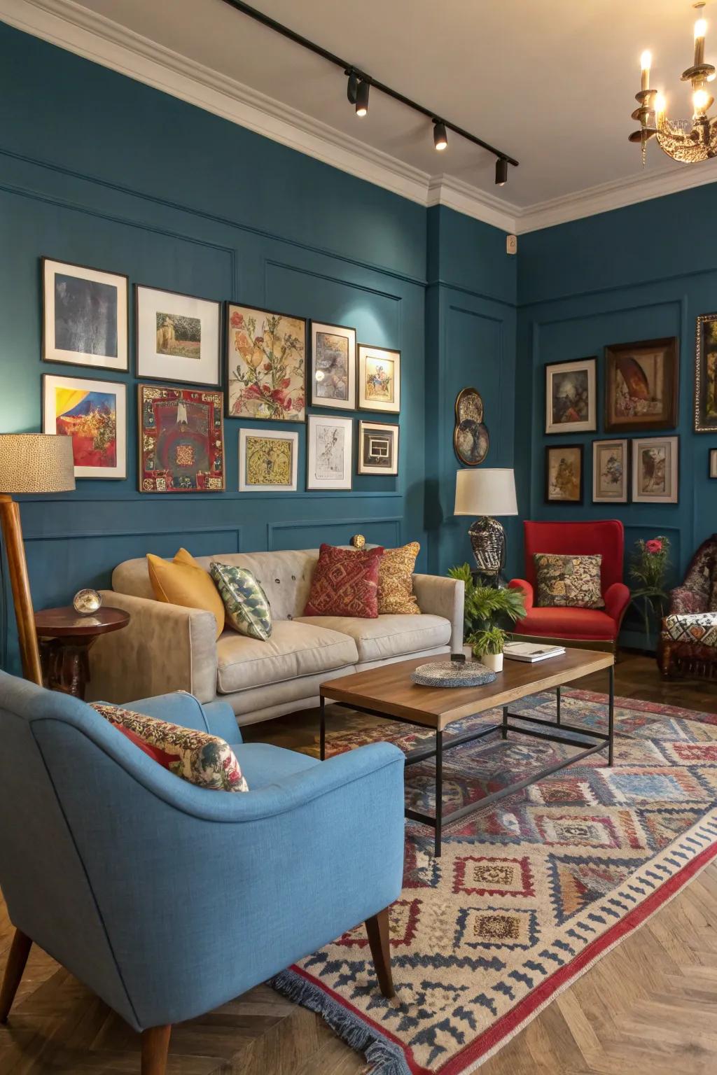 An eclectic living room with a blue accent wall and diverse decor.