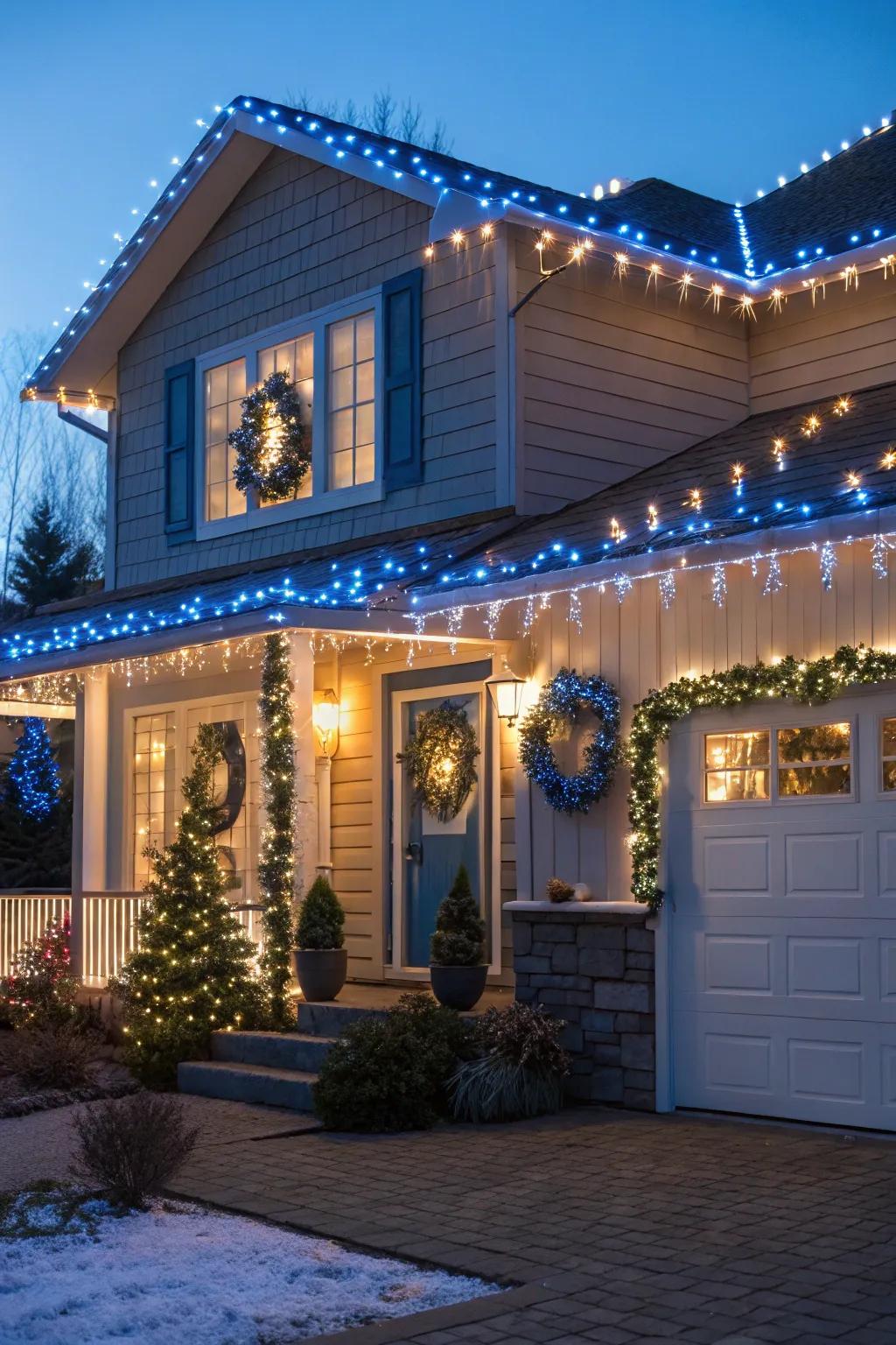 Blue and white outdoor decor offers a warm and festive welcome to guests.