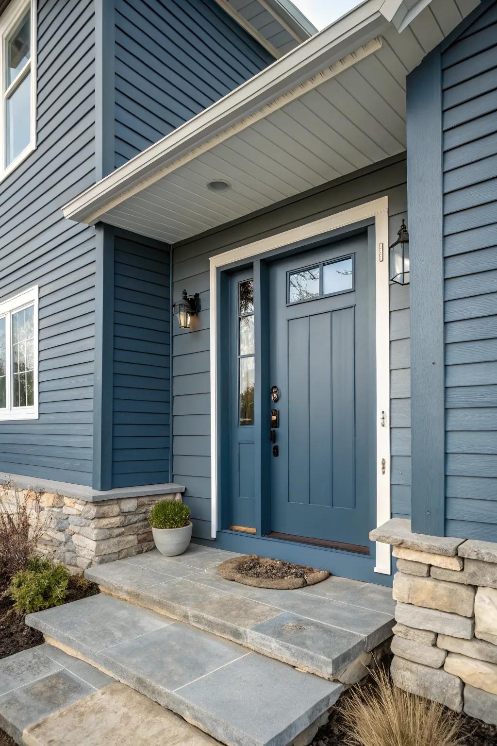 Slate blue doors create a seamless, stylish look.