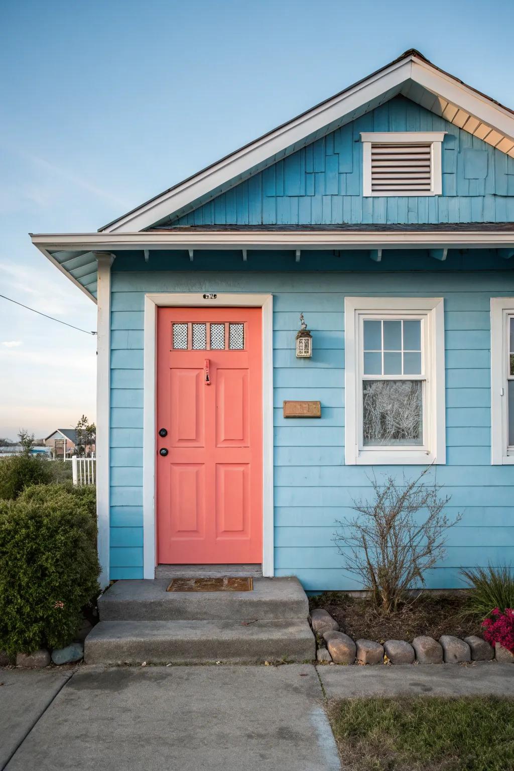 Coral doors bring a vibrant energy to blue facades.