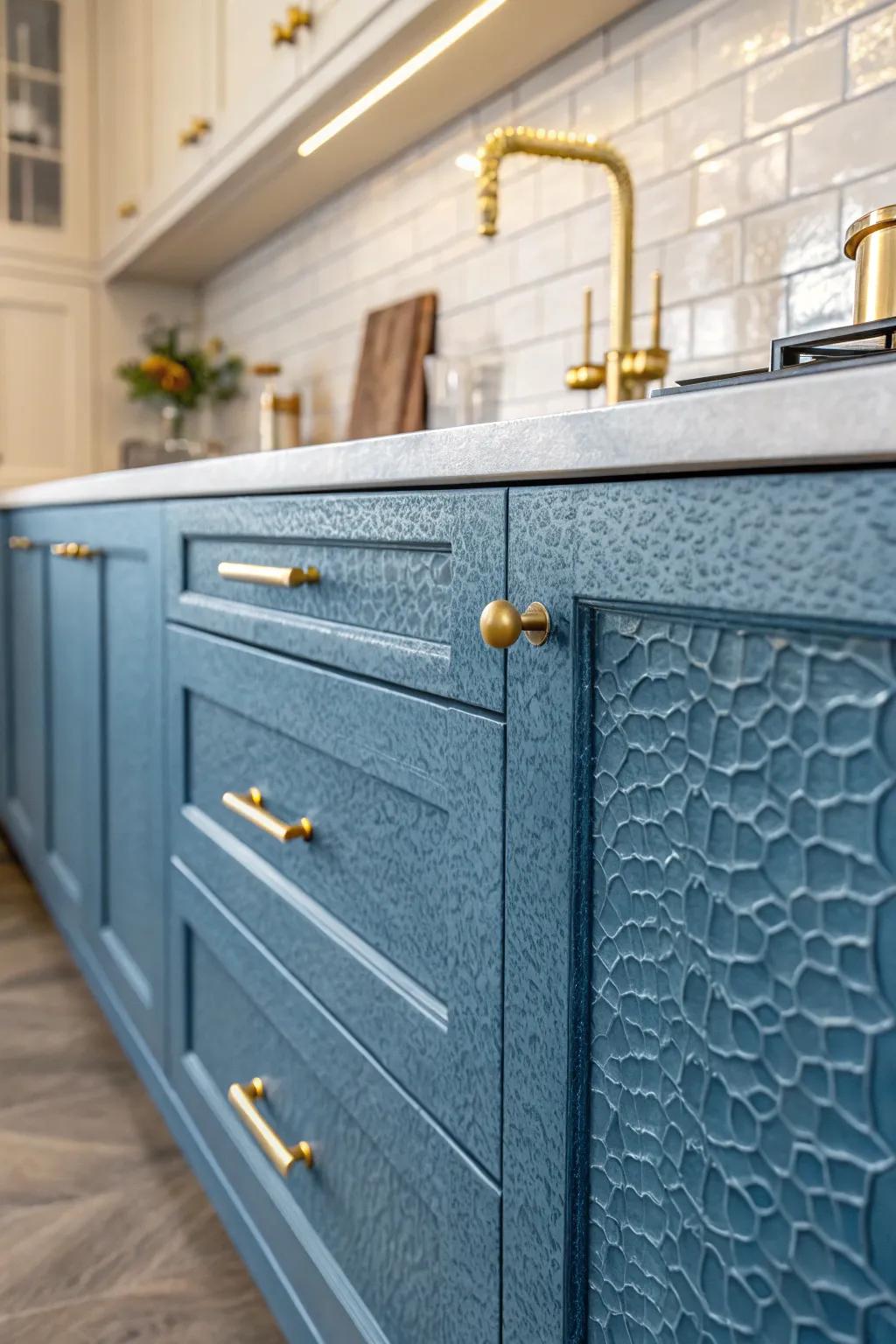 Textured blue cabinets with gold hardware add character and depth to the kitchen.