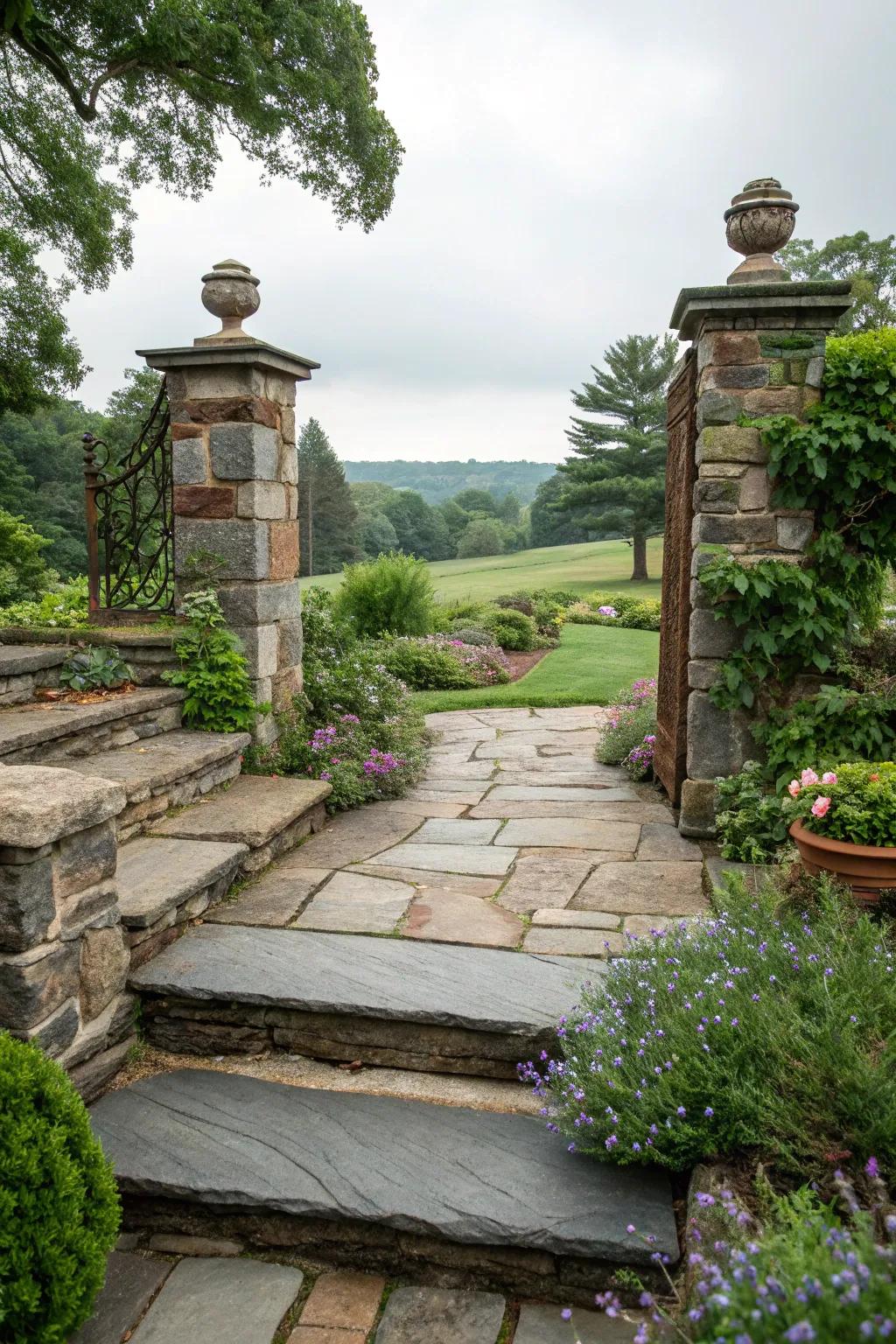 Natural stone steps provide a grand entrance to bluestone walkways.