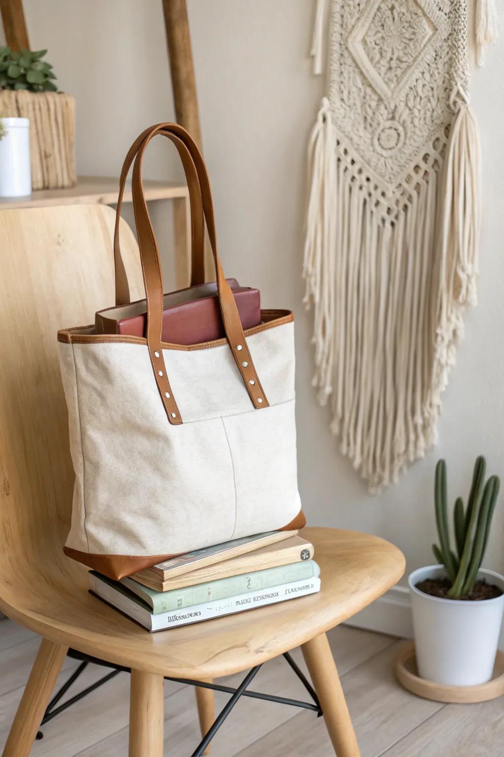 Carry your literary treasures in style with this elegant library book tote.