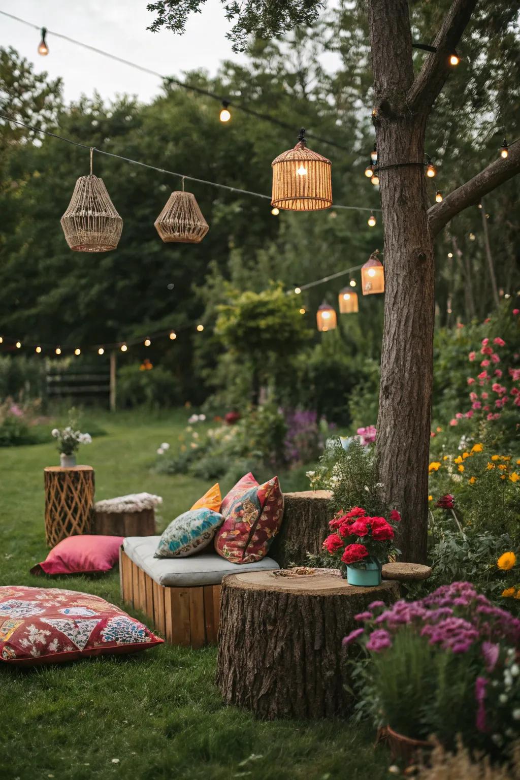 Rustic seating made from natural tree stumps.