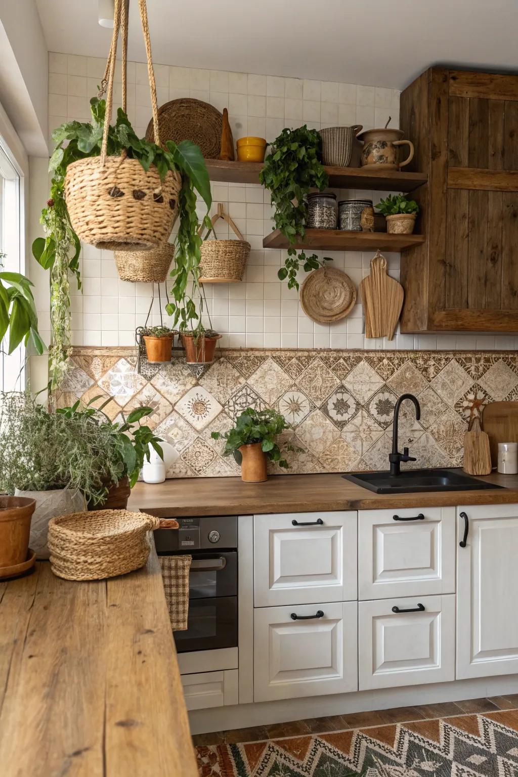 Rustic wood and tiles create a warm, inviting boho kitchen.