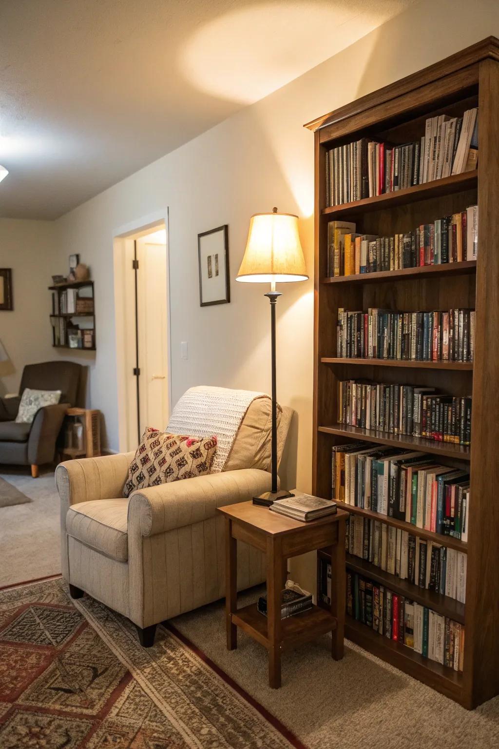 A reading nook adds comfort and functionality to bookshelves.