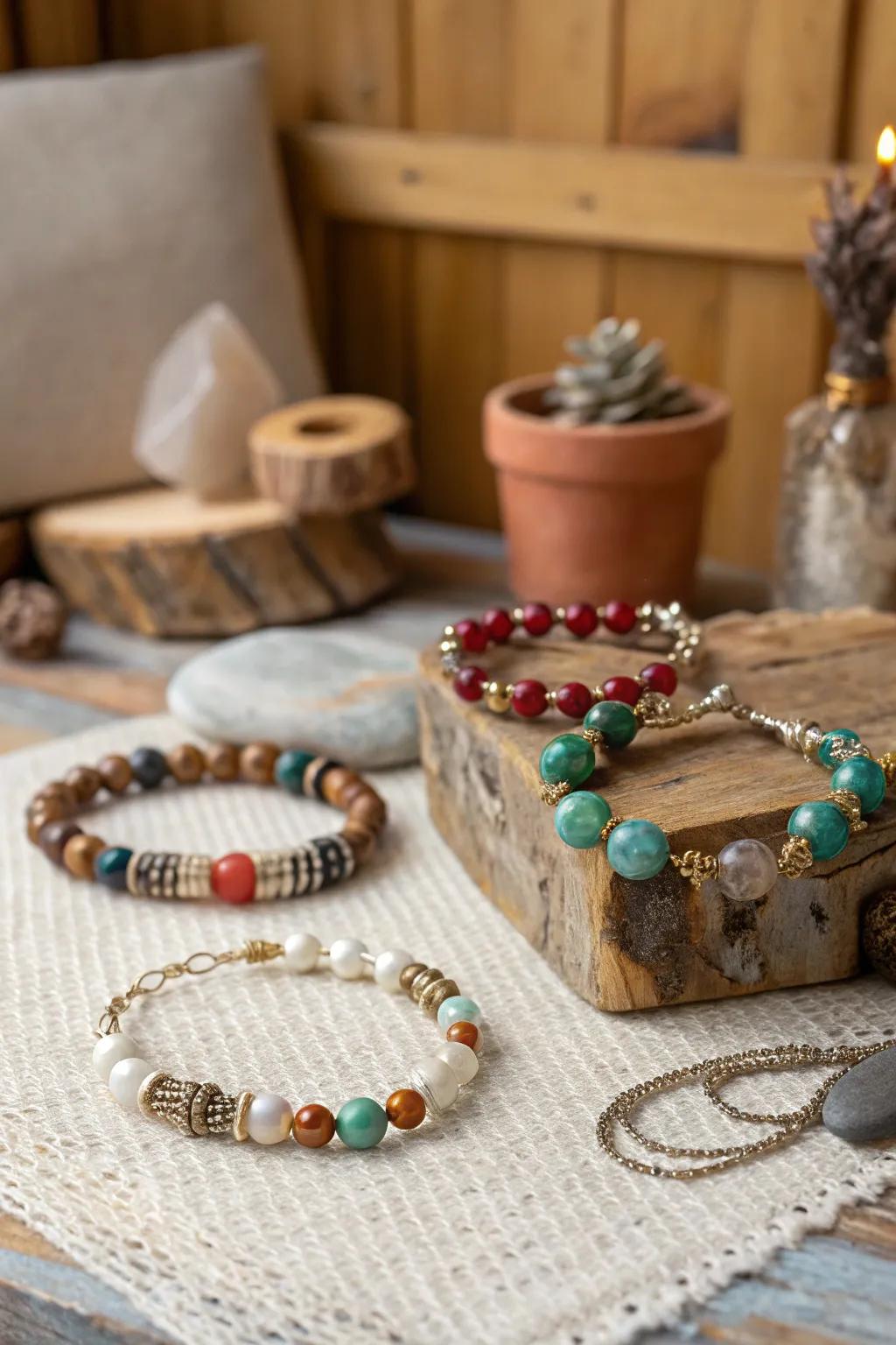 Intricately designed wire wrapped bracelets with unique beads.