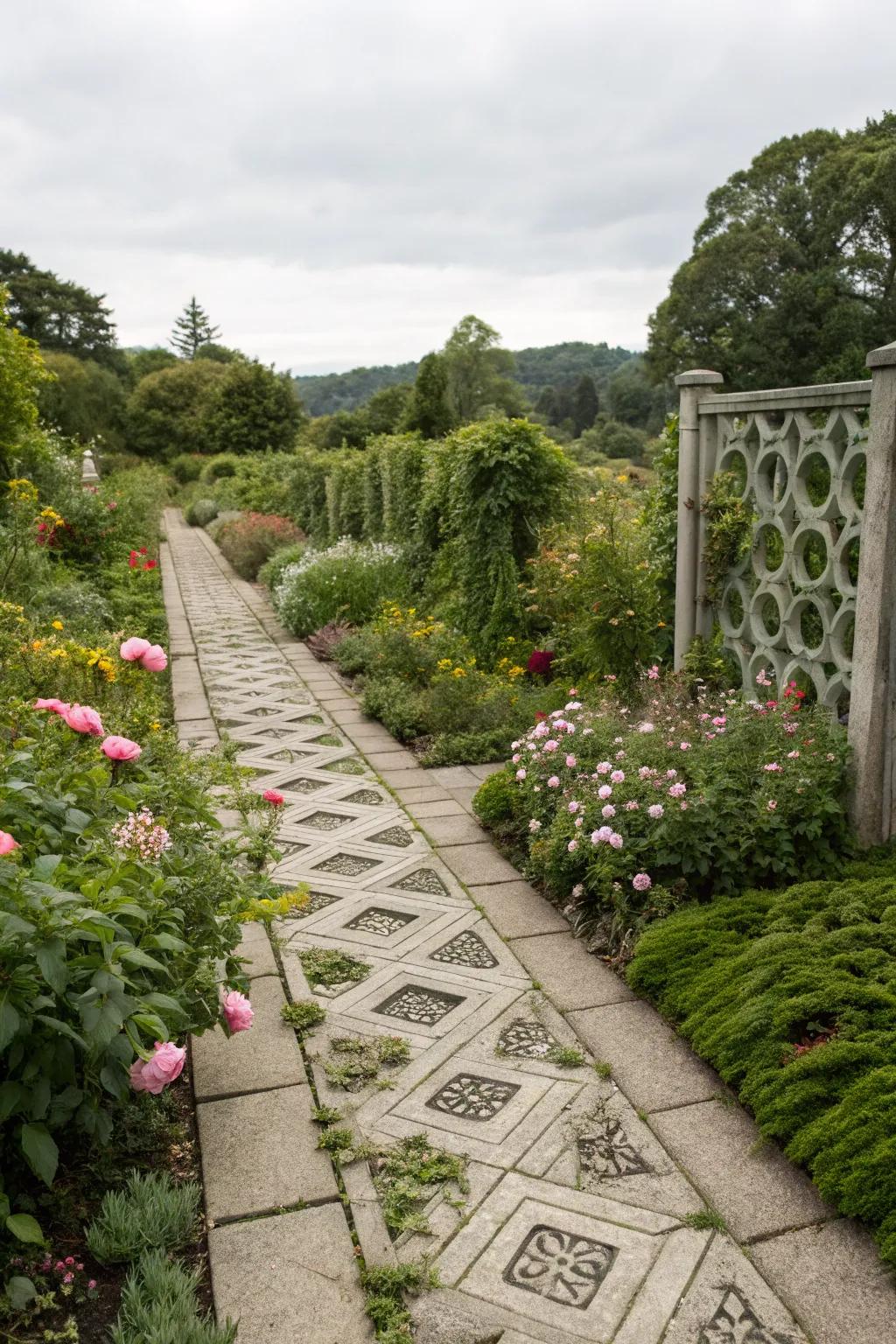 A garden pathway enhanced by decorative breeze block edging.