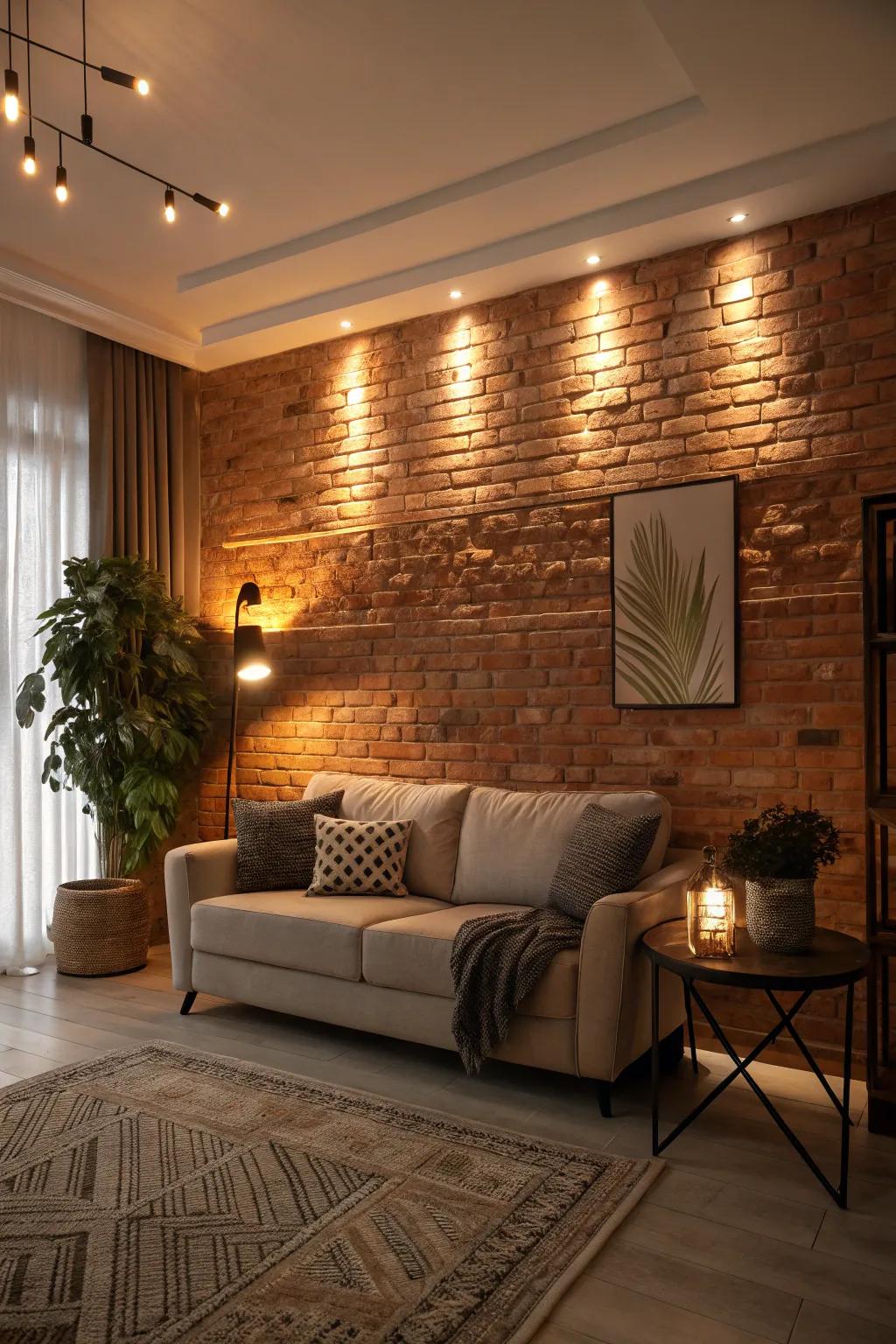 Accent lighting highlights the brick wall's texture.