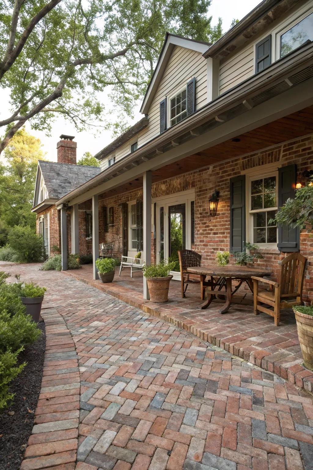 A farmhouse brick patio invites warmth and rustic charm.