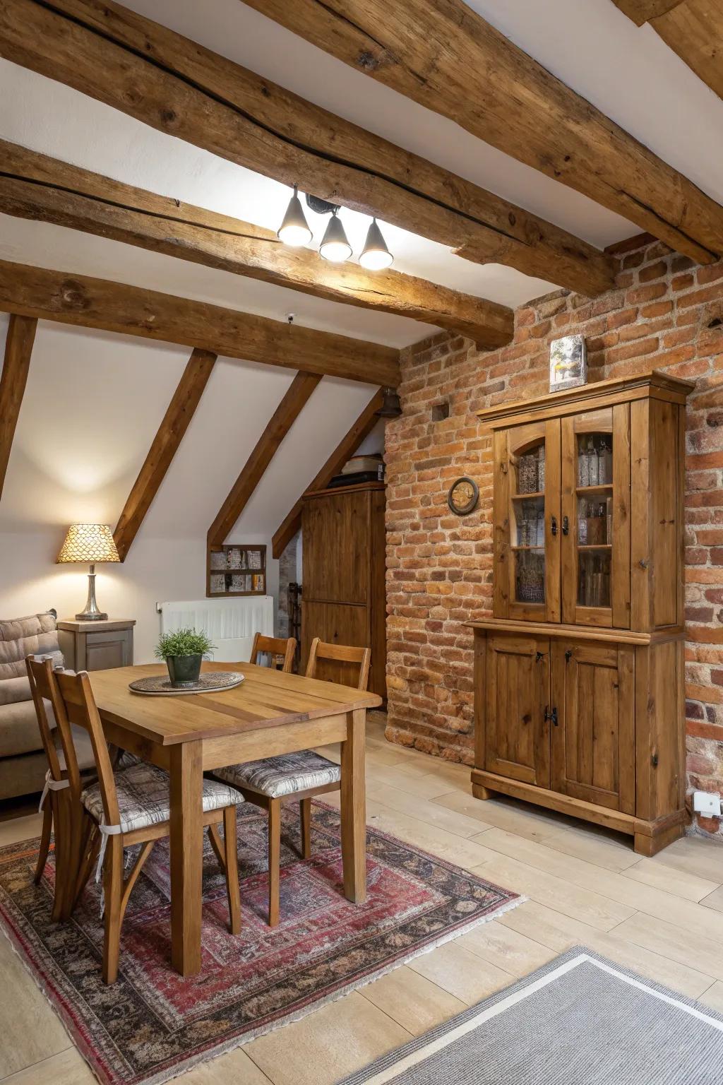 Wooden elements enhance the warm tones of the exposed brick wall.