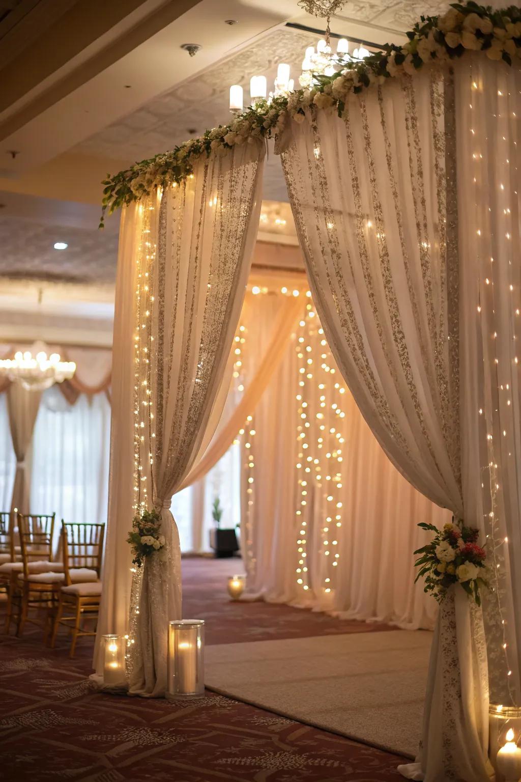 Curtain lights add a magical, luminous touch.