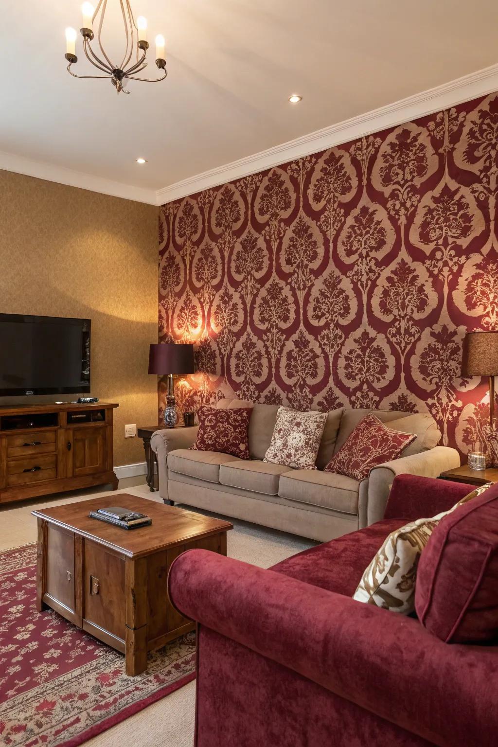 Patterned wallpaper adds depth and sophistication to any living room.