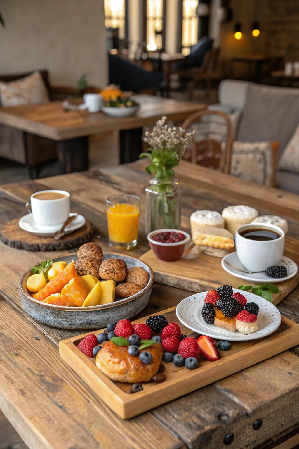 A brunch table using rustic wooden boards for serving dishes.