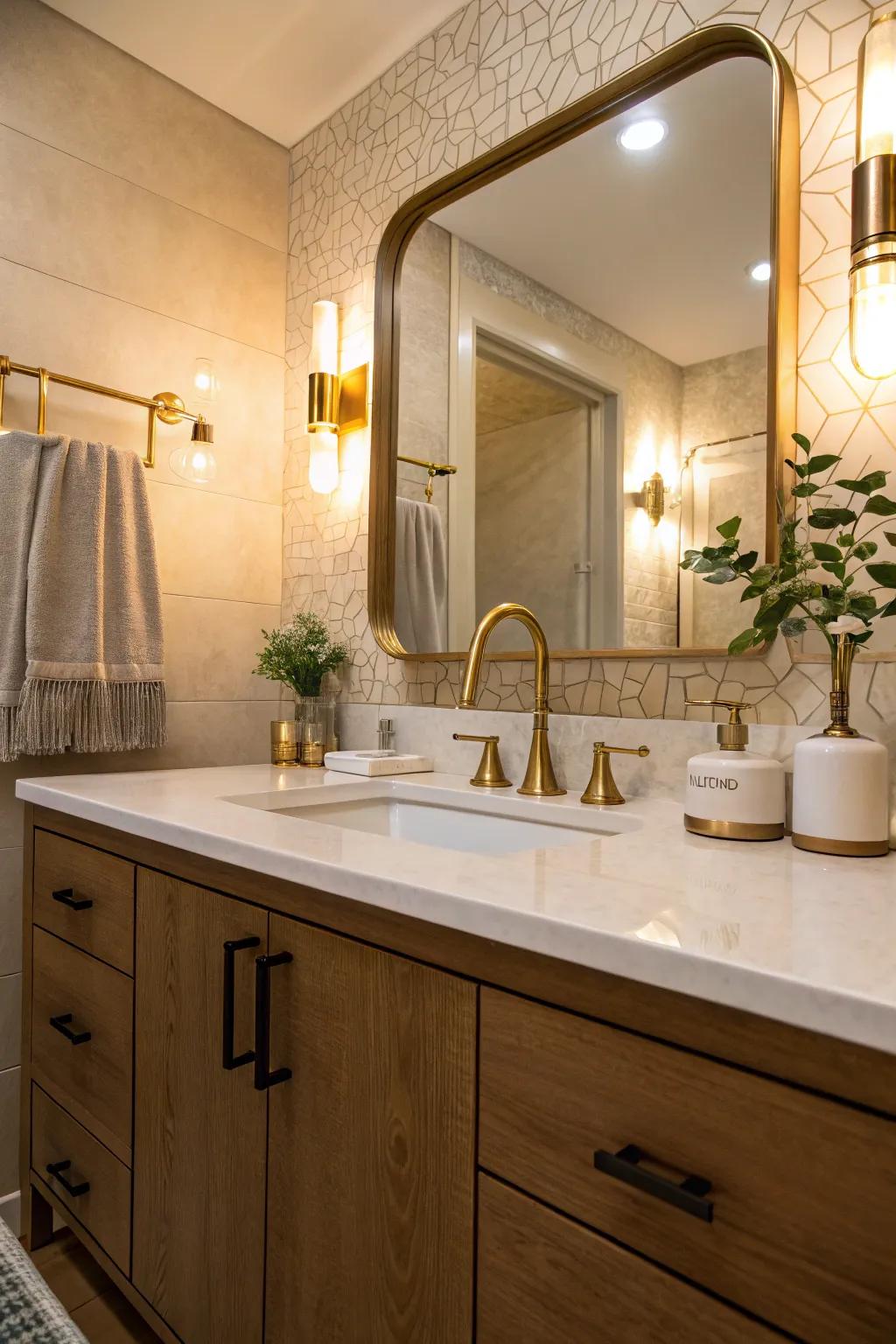 Warm lighting enhancing the golden hues of brushed brass fixtures.