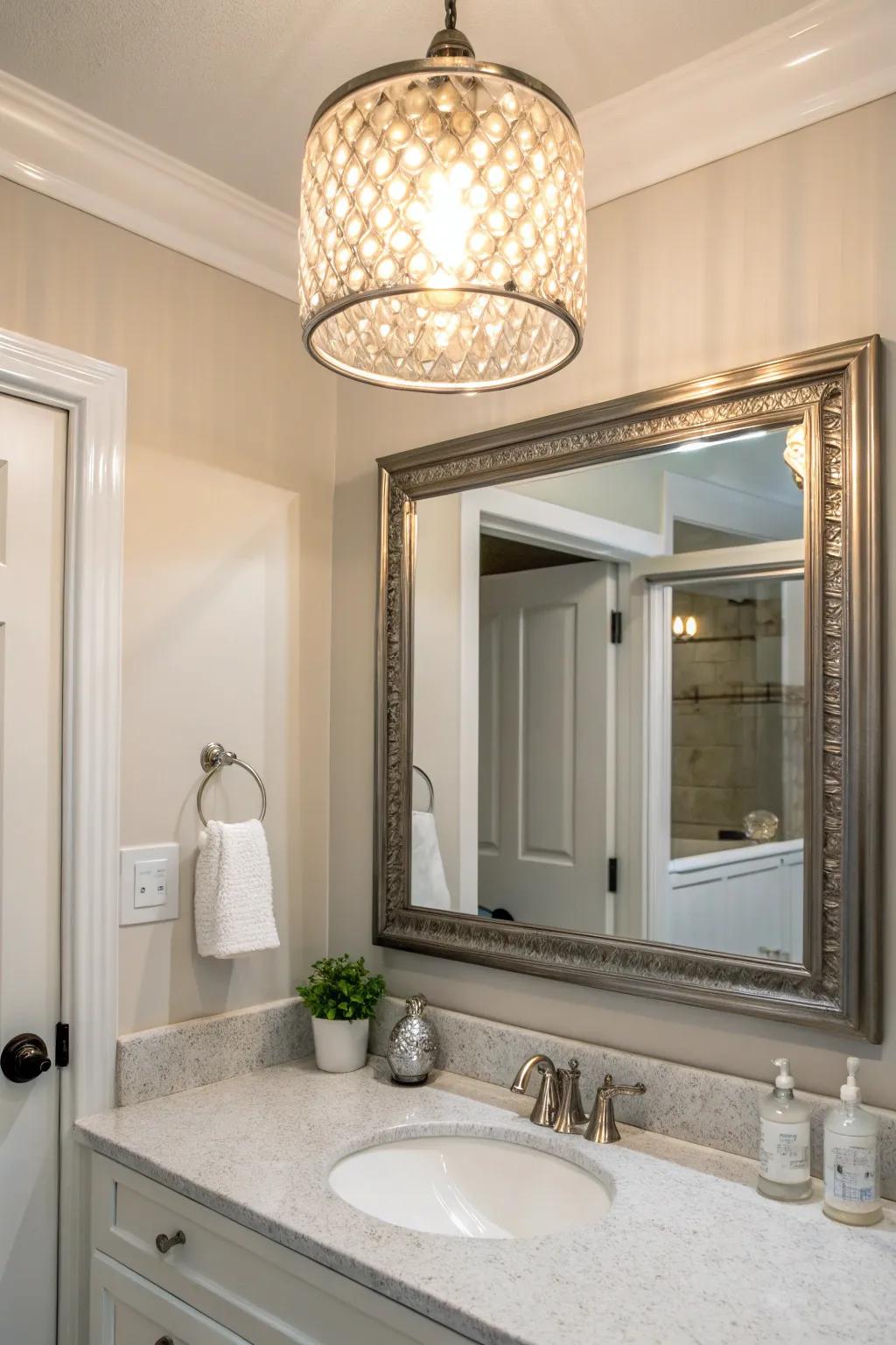 Textured beauty with hammered brushed nickel lighting above a bathroom mirror.