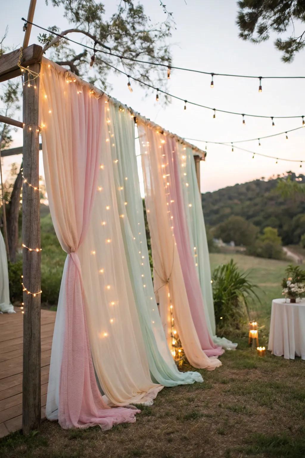 A homemade backdrop creates a beautiful setting for wedding photos.