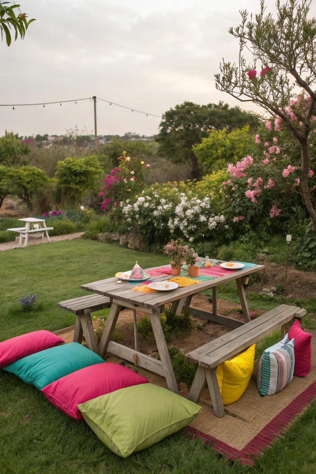 Colorful cushions and dinnerware enhance a simple picnic table.