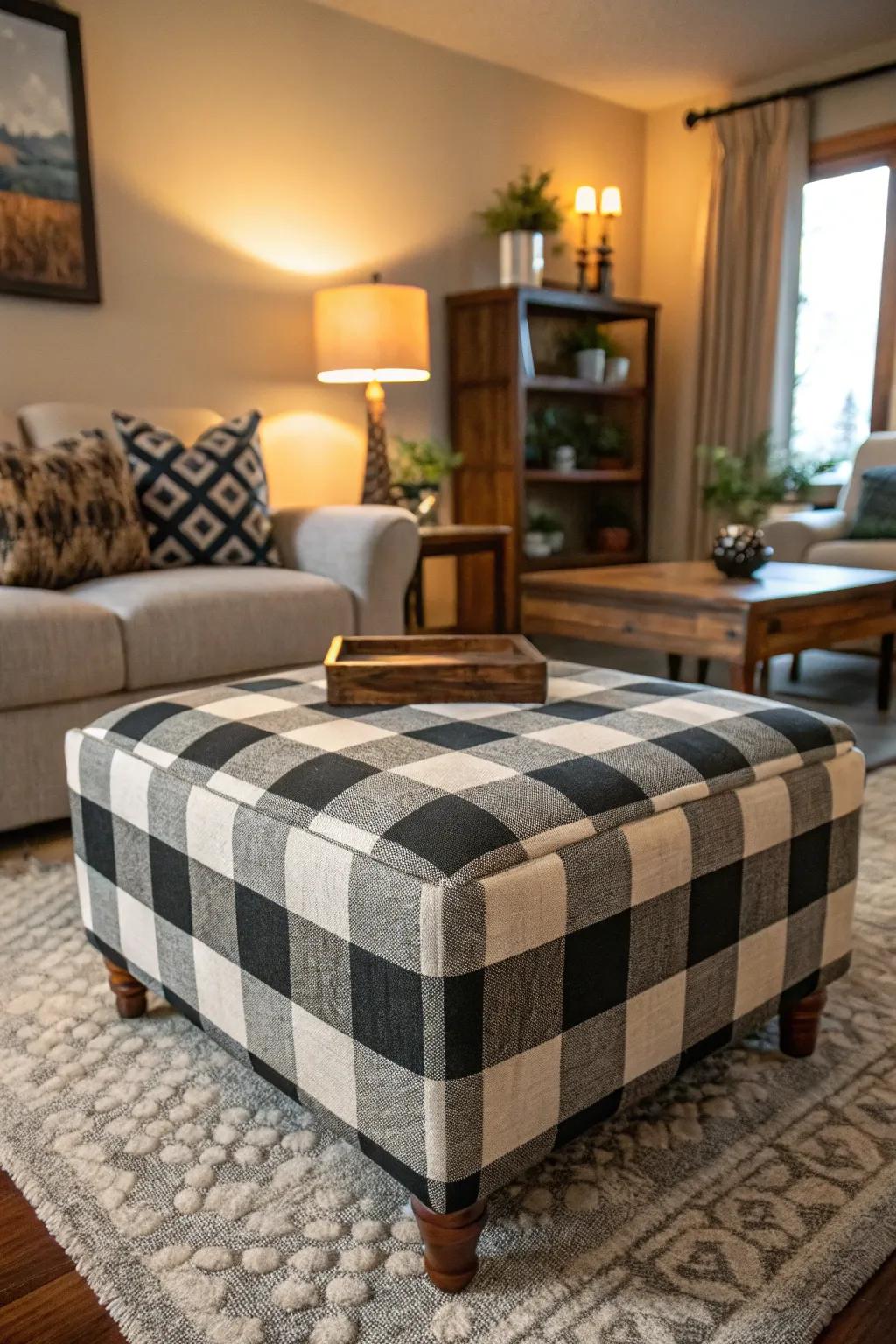 A buffalo plaid ottoman adds style and functionality.