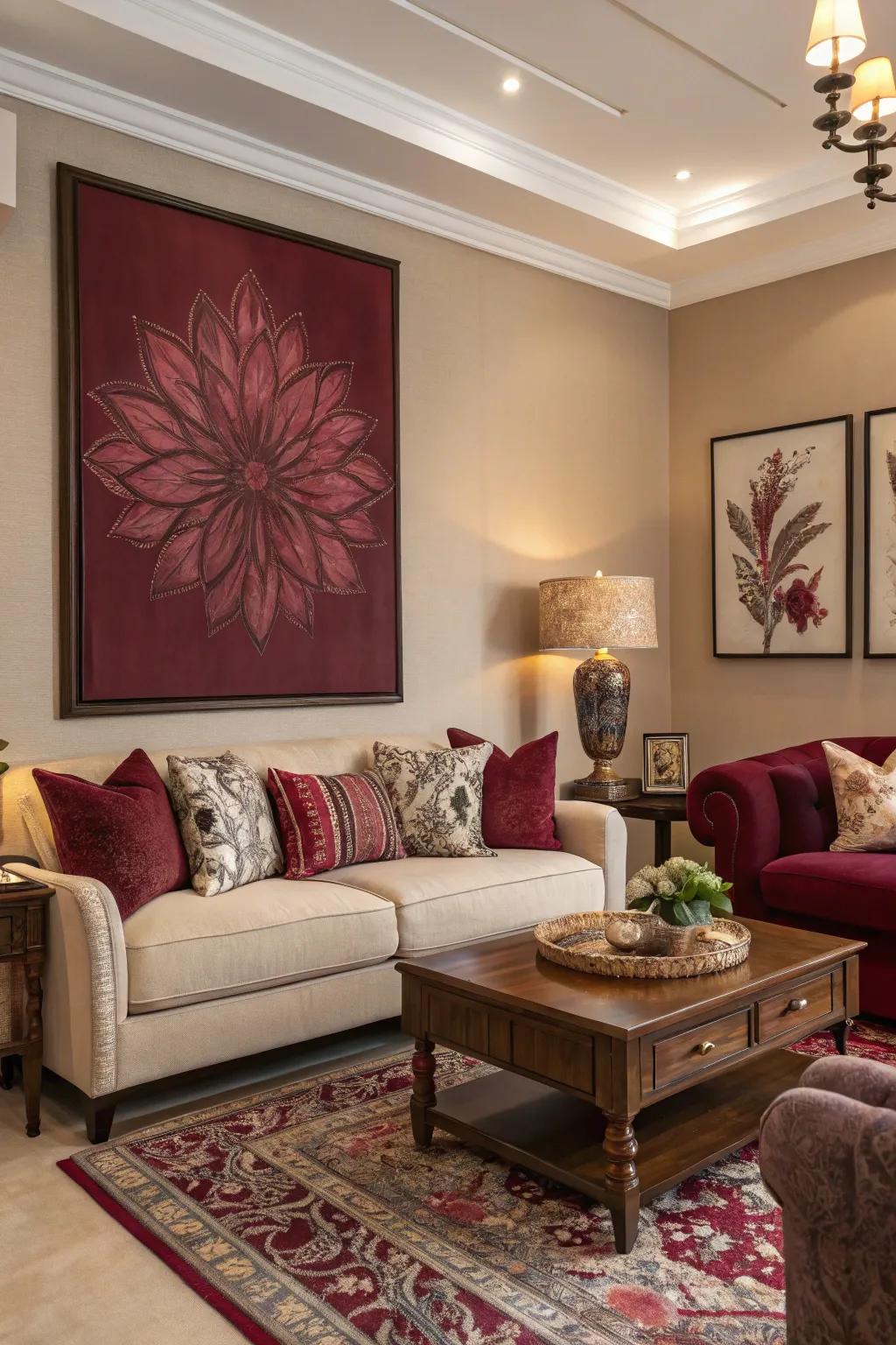 Burgundy artwork serves as a captivating focal point in this living room.