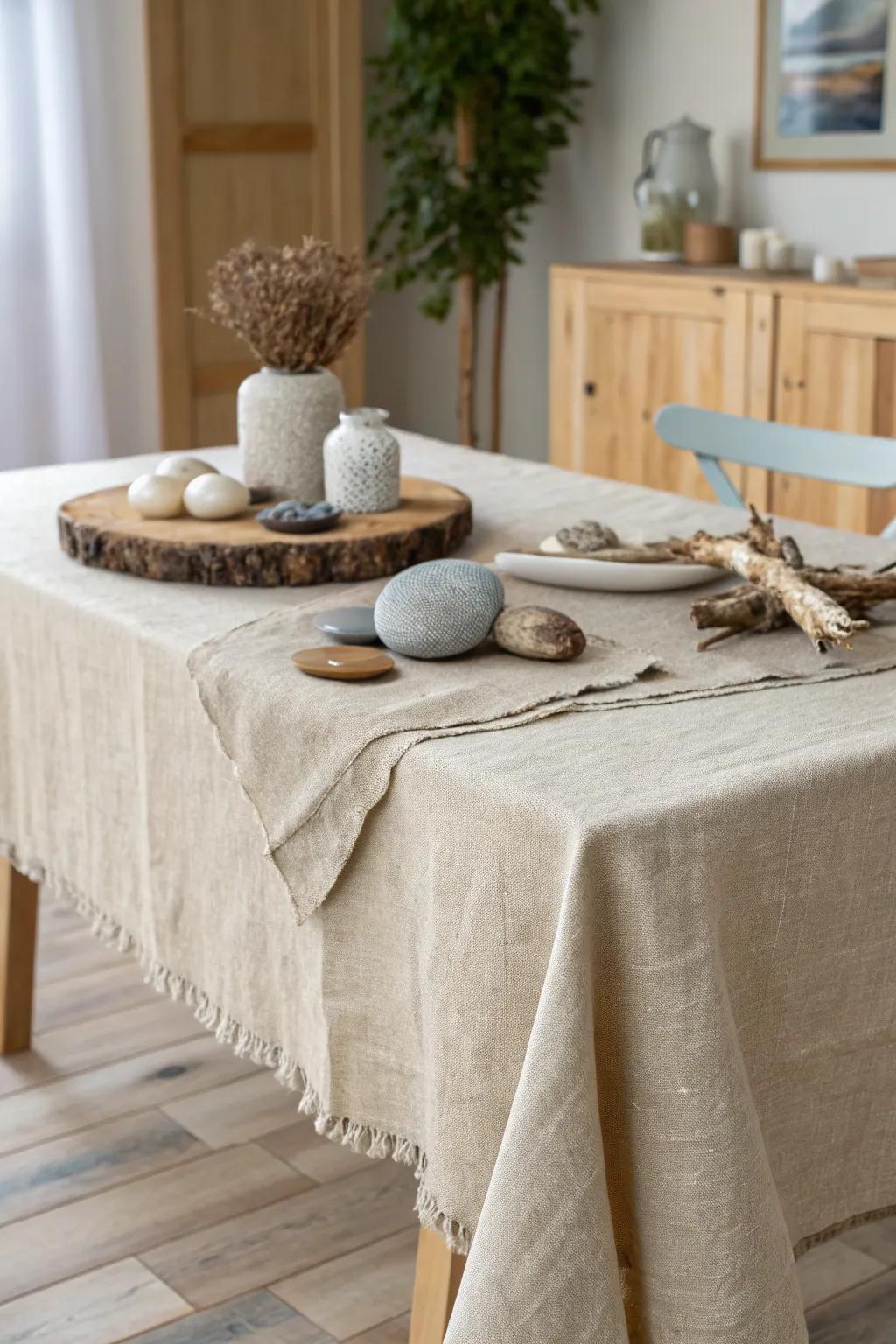 Elevate your dining experience with rustic elegance: a burlap tablecloth adorned with nature's treasures.