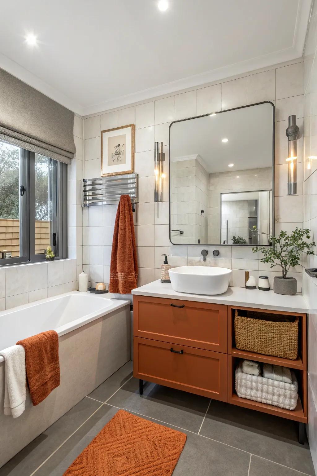 Burnt orange accents add a pop of color to a neutral bathroom.