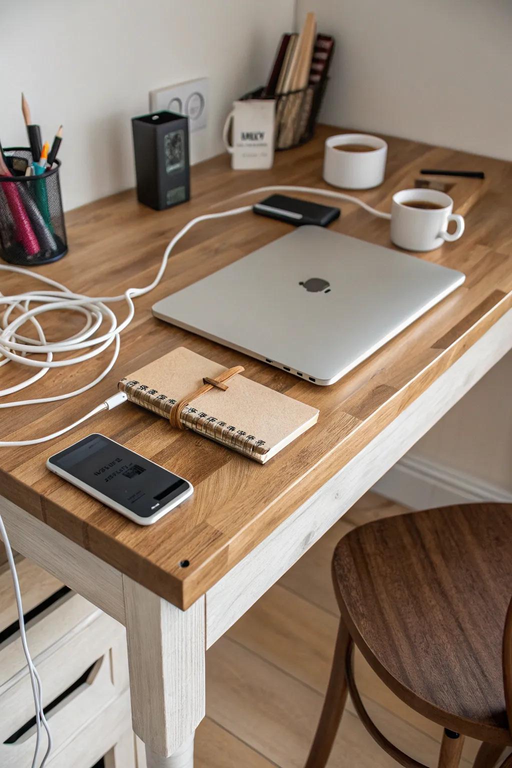 A butcher block desk with effective cable management.