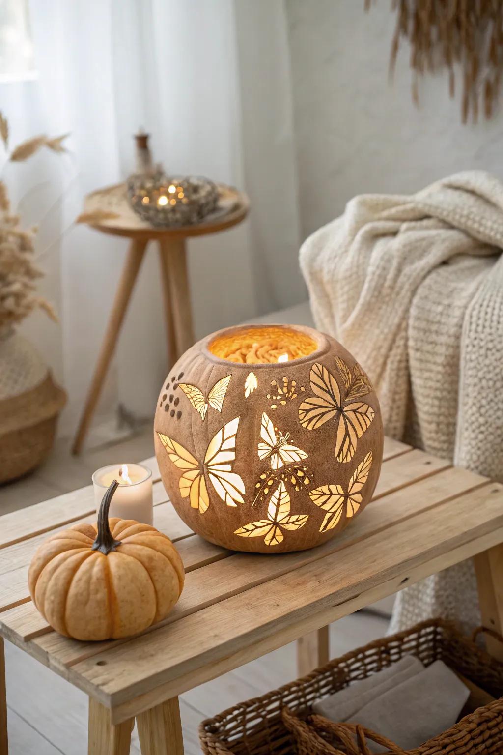Illuminate your autumn evenings with this enchanting butterfly lantern pumpkin, blending simplicity and natural beauty.