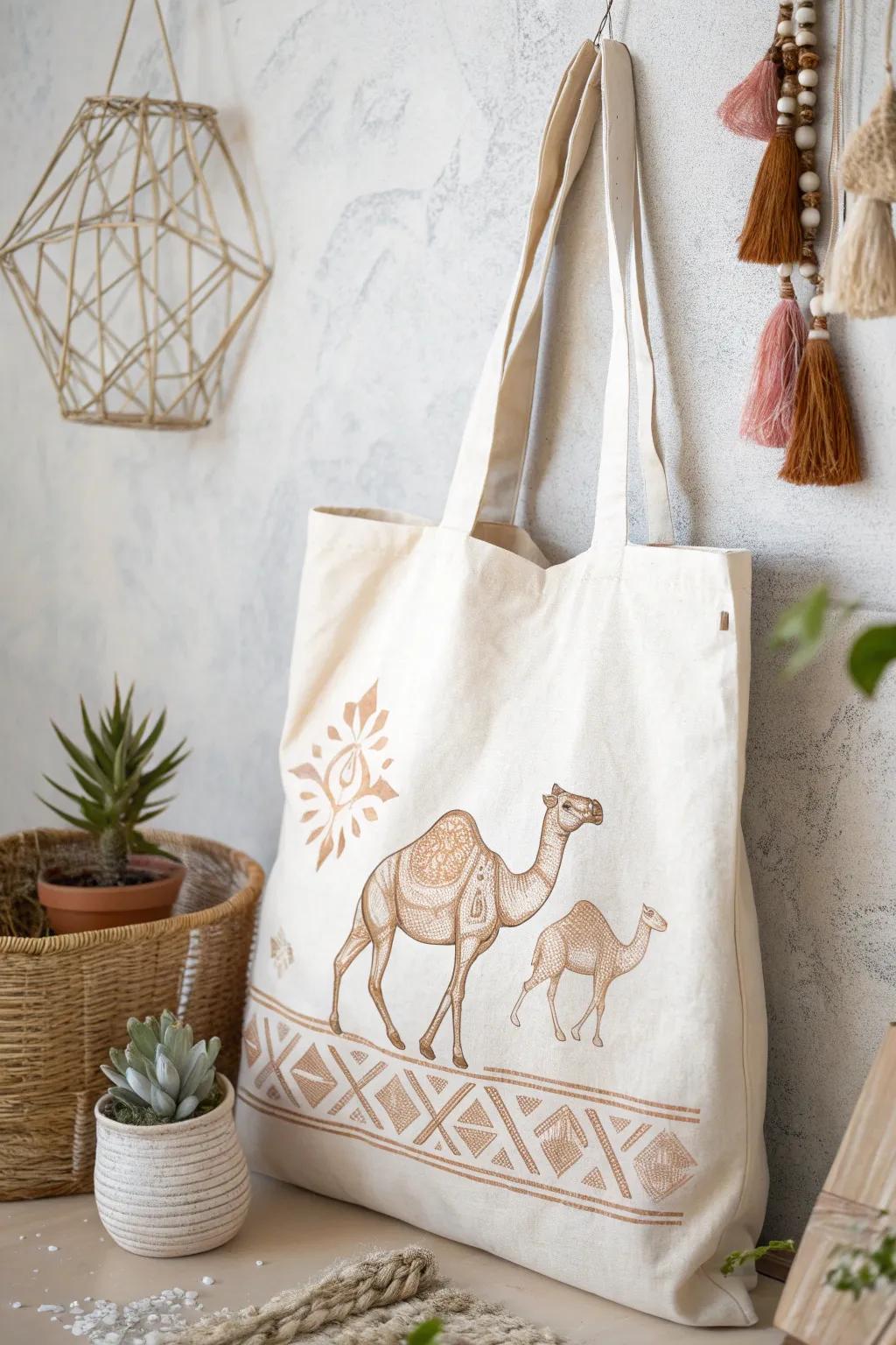 Craft your style with a touch of the exotic – a camel-themed tote bag that's both chic and functional.