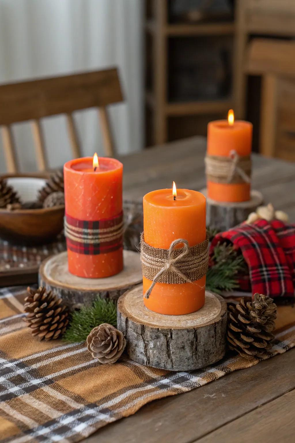 Warm up your space with a rustic and charming candle arrangement.