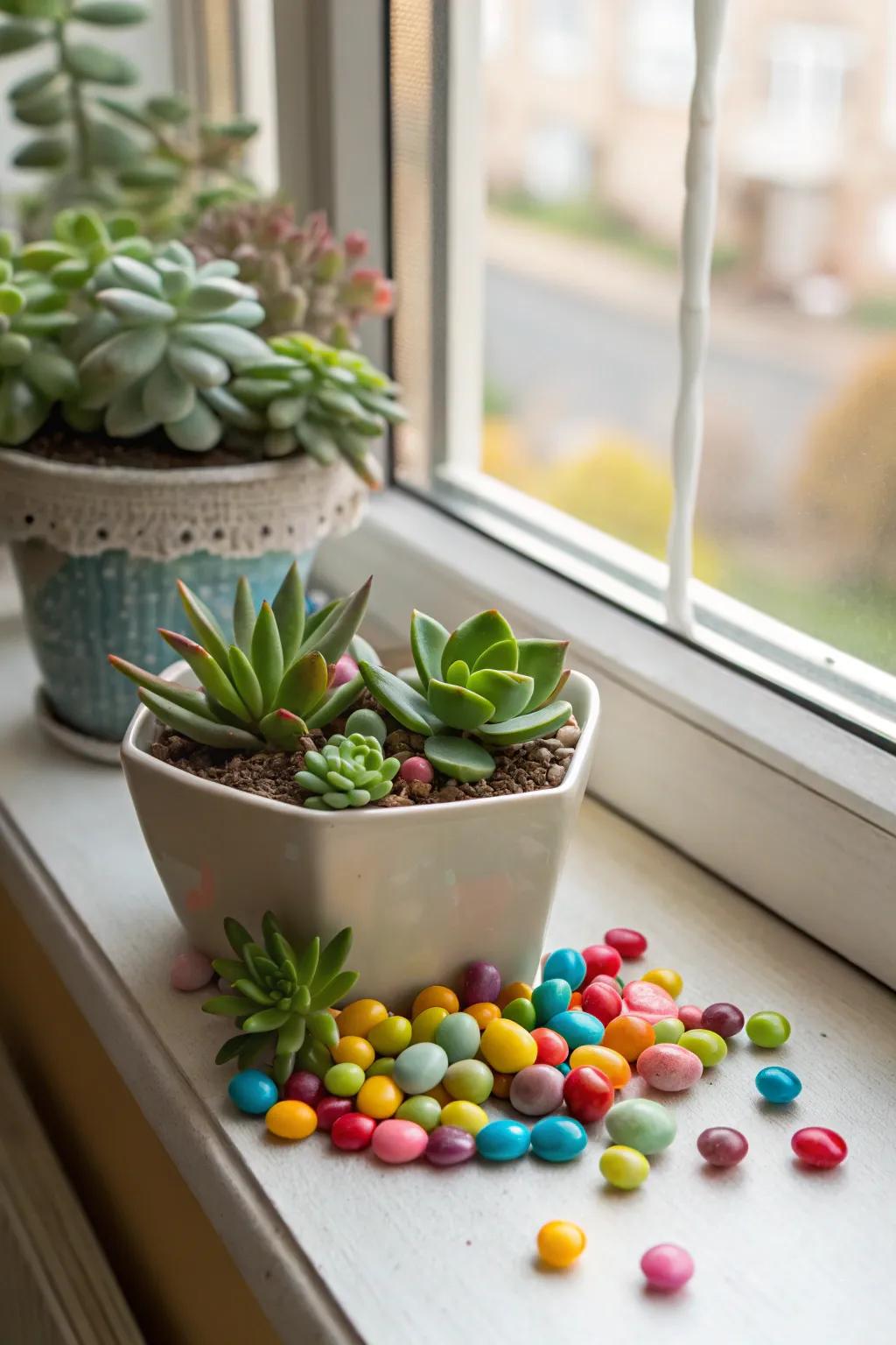 A candy planter vase adds a playful touch to your indoor gardening.