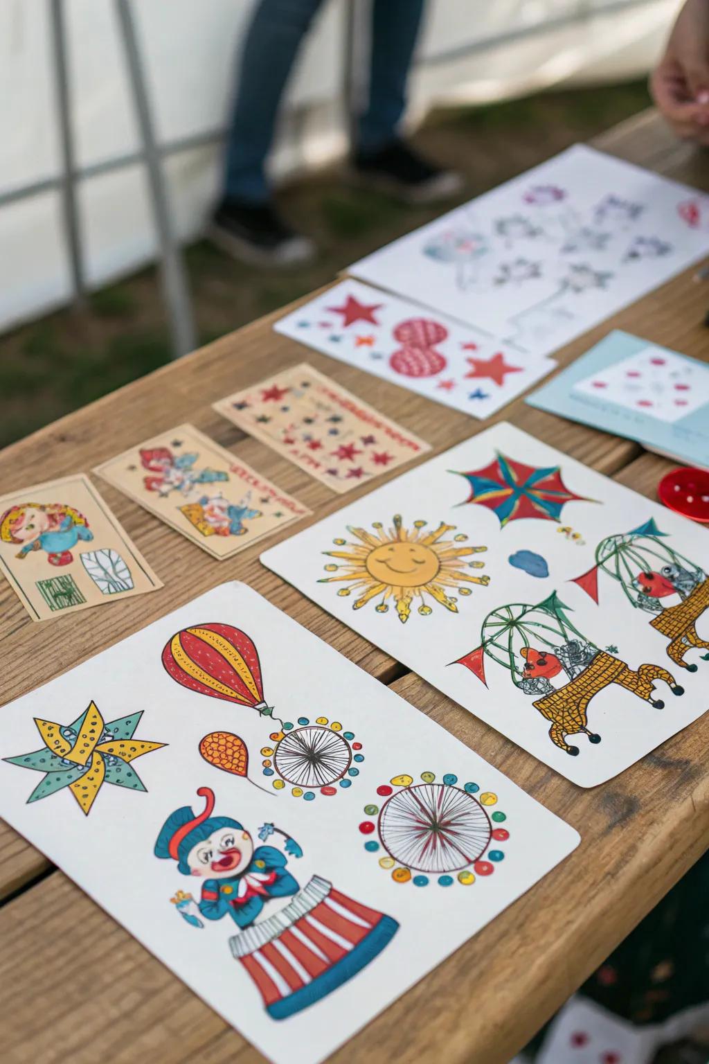 Carnival-themed temporary tattoos for whimsical fun.