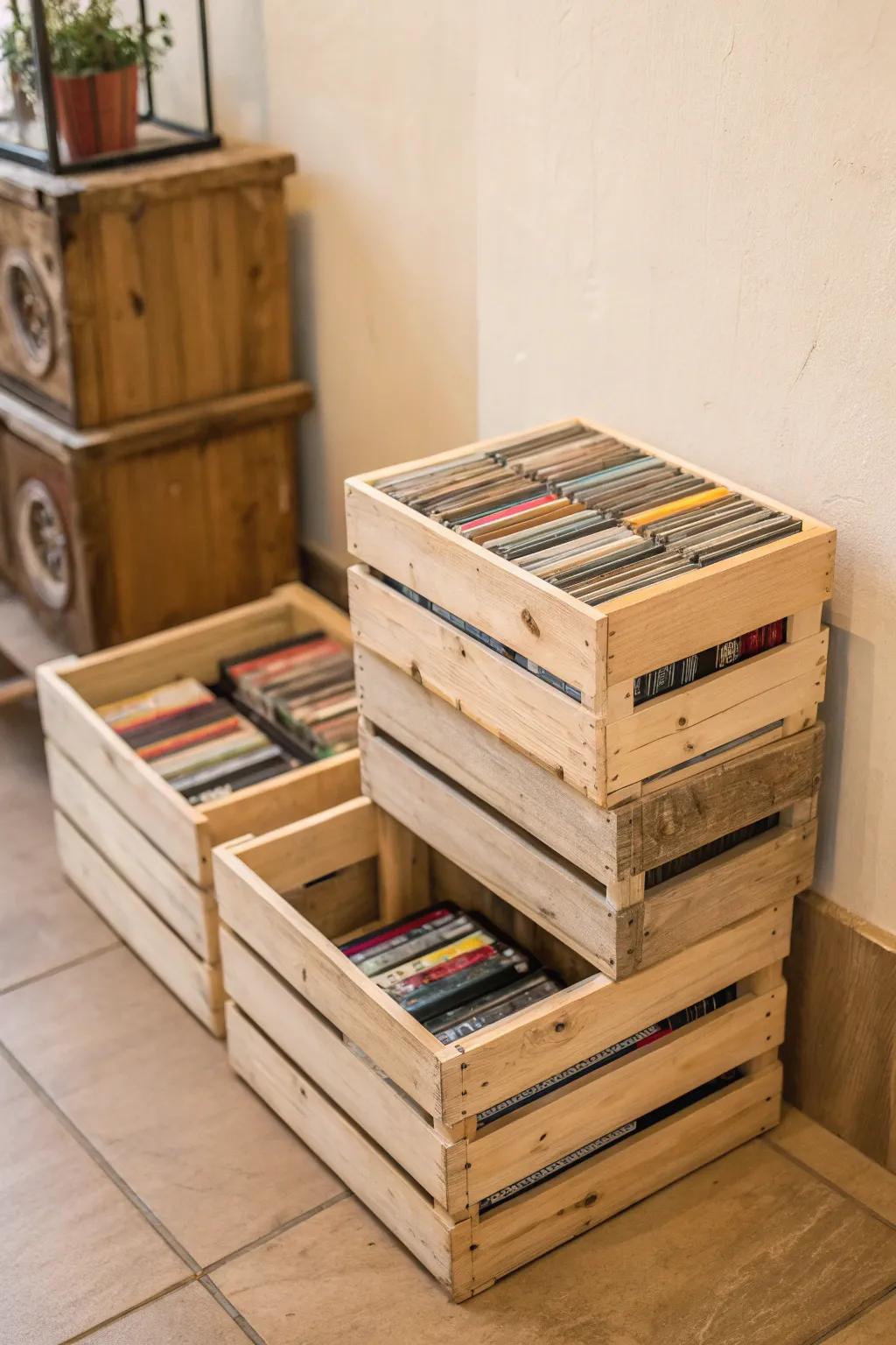 Elevate your storage with rustic charm and minimalist design: Discover the beauty of stacked wooden crates for your cassette collection.