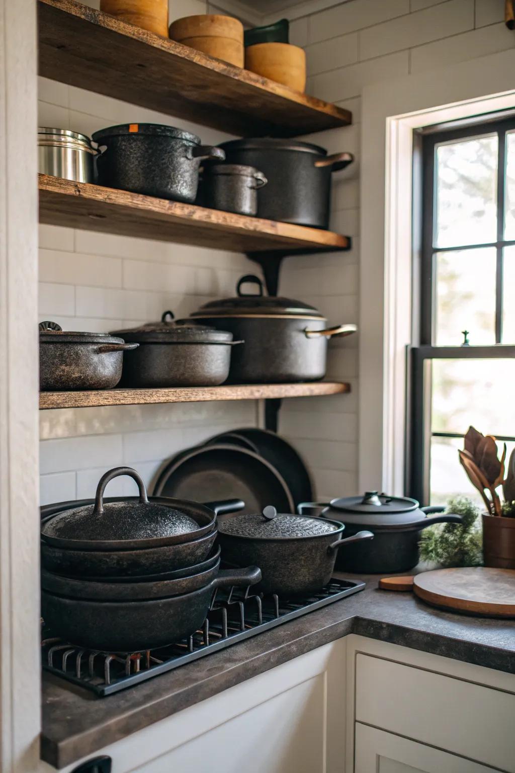 Corner shelf unit for cast iron storage.