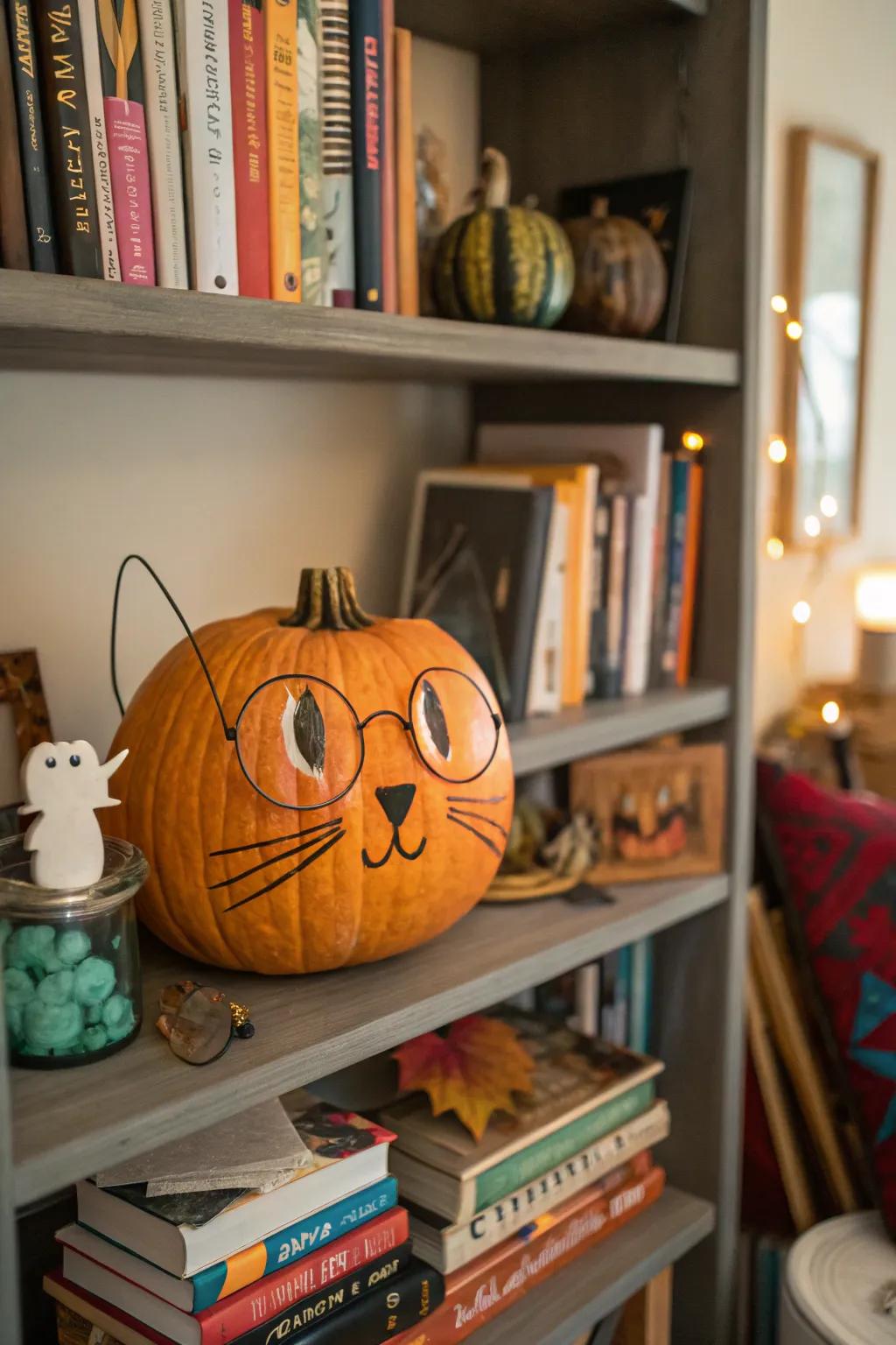 A fancy cat pumpkin with a quirky personality.