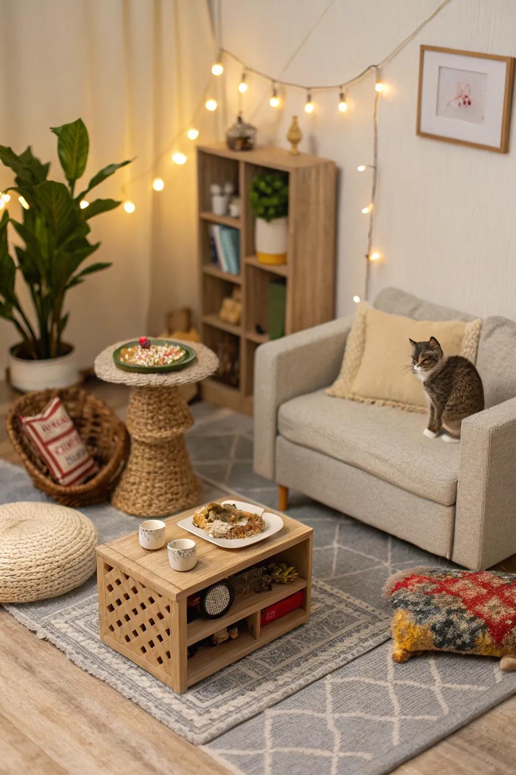 A miniature living room offers a whimsical retreat for your cat.