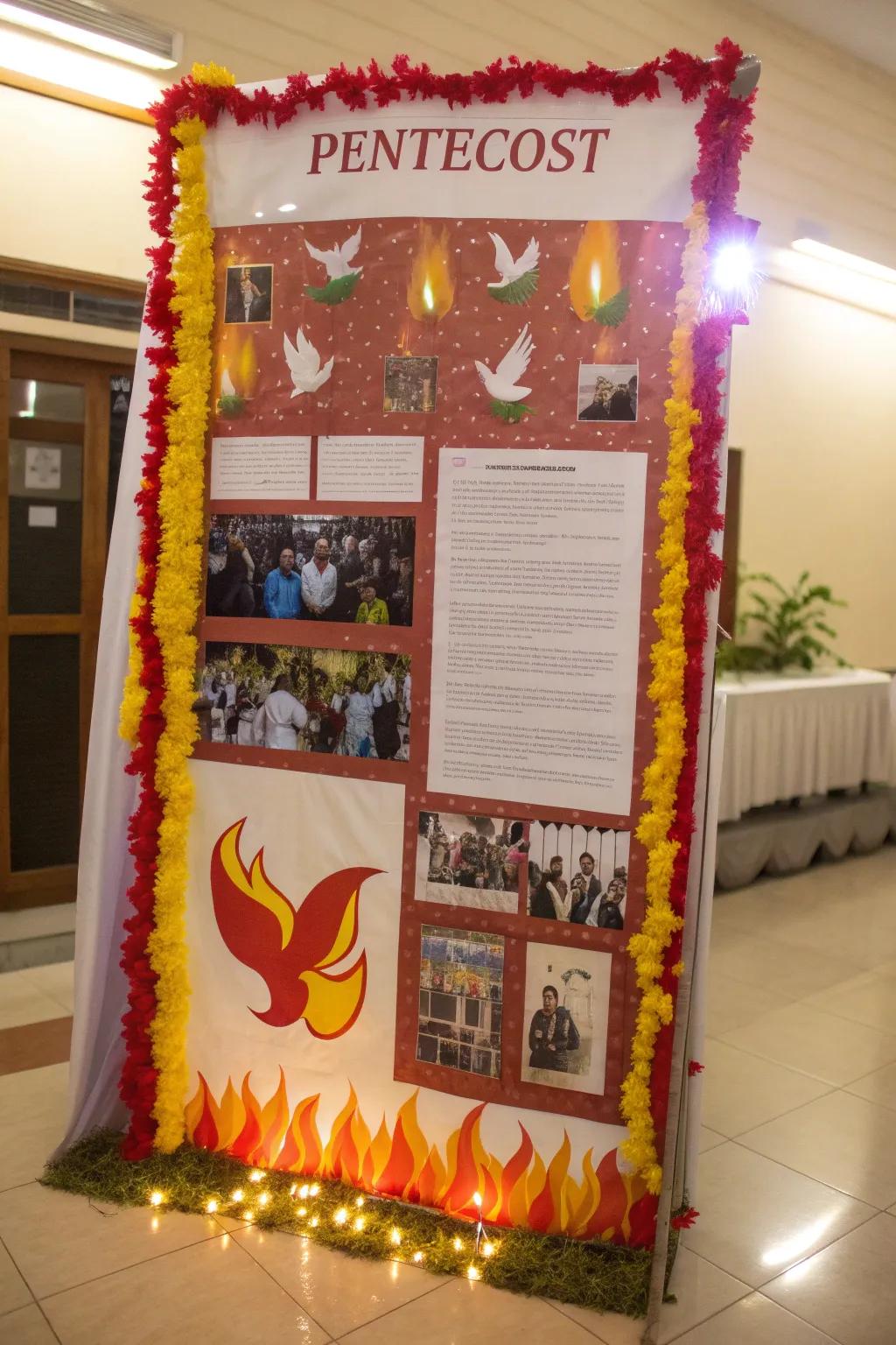 A Pentecost Celebration bulletin board enhancing understanding of the Holy Spirit.