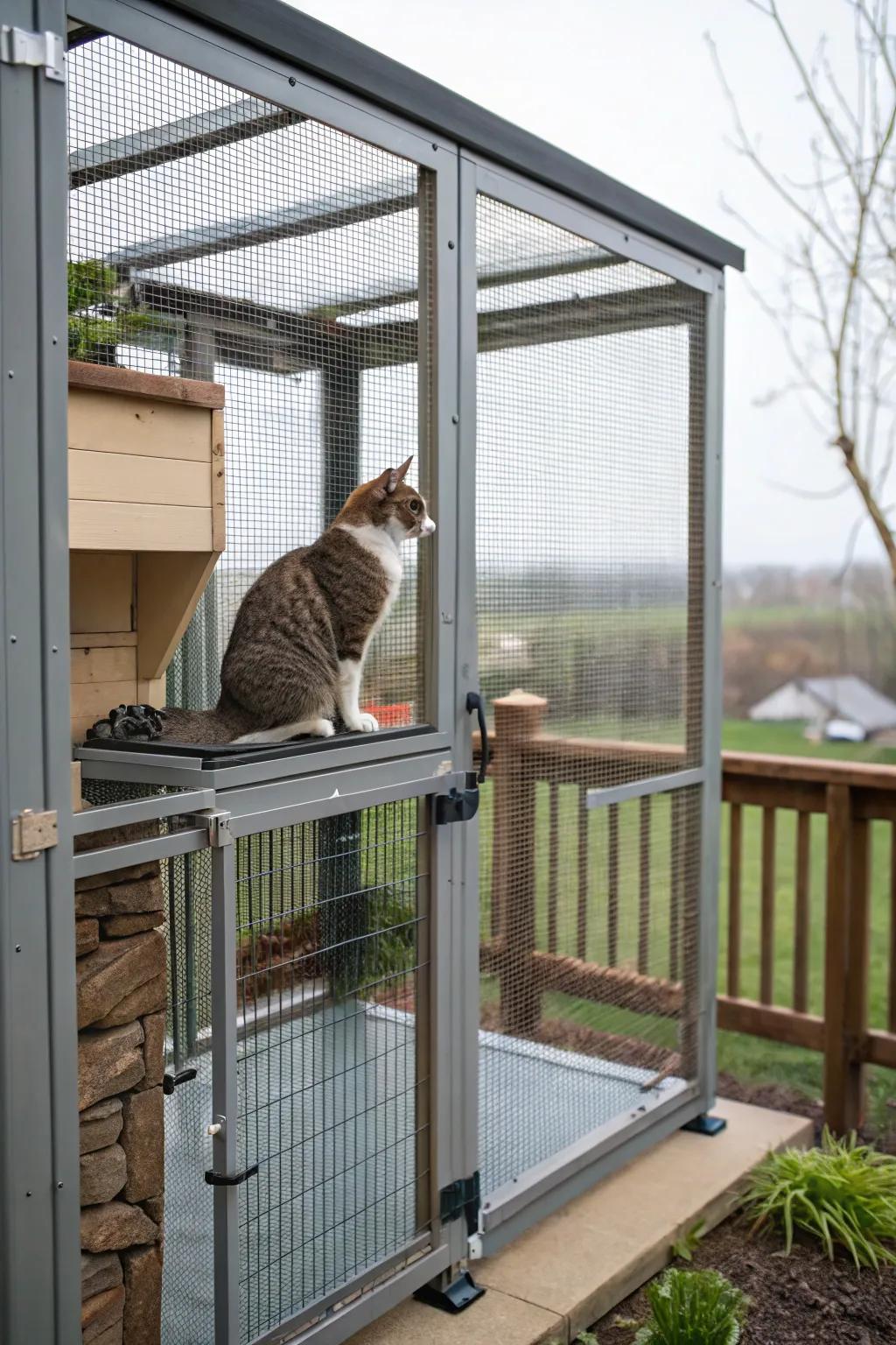 A weather-resistant catio with sturdy materials and a cat inside.