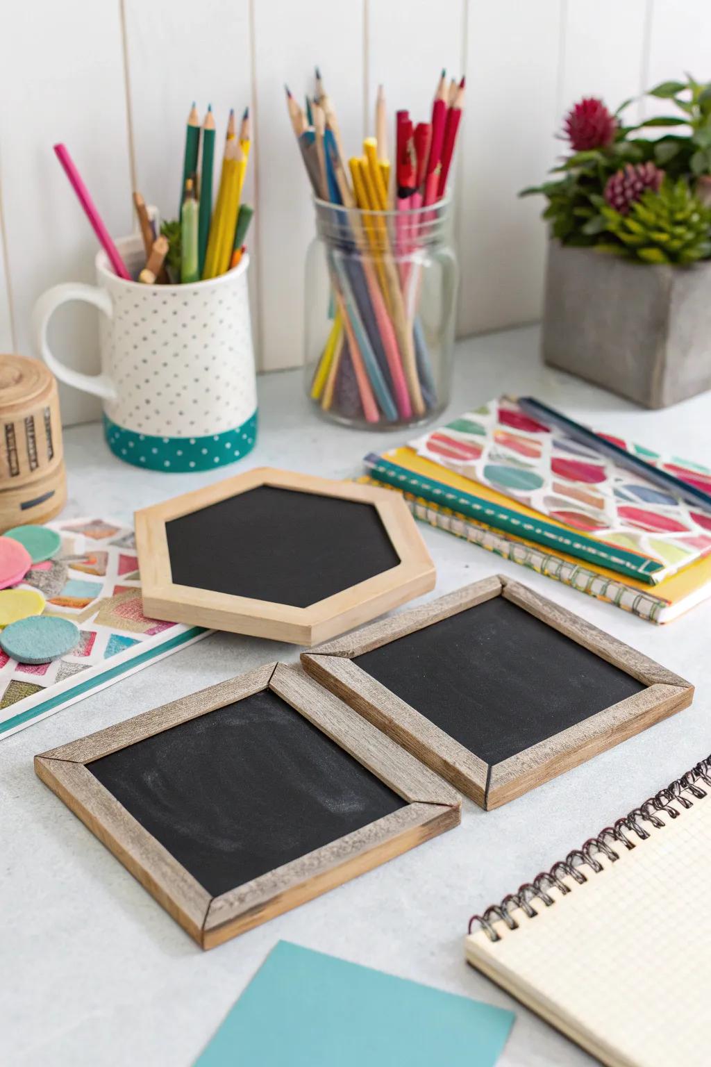 Chalkboard coasters invite creativity and personalization.